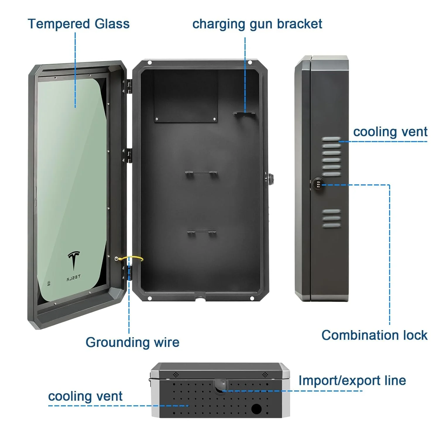 Charger Station Box for Tesla Gen 3 Wall Connector, Indoor/Outdoor Wall Charger Box, Charging Cable Organizer Connector Case Waterproof Dustproof Combination Lock for Tesla Accessories