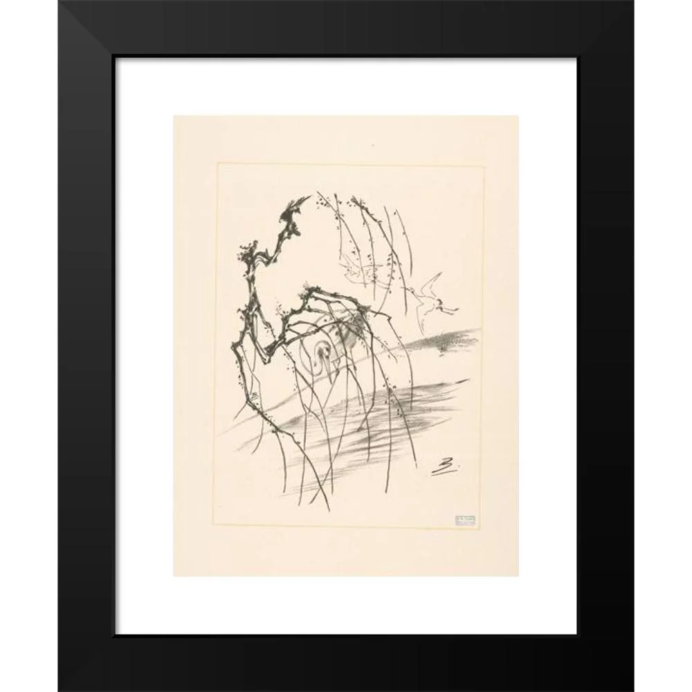 Félix Bracquemond 12x14 Black Modern Framed Museum Art Print Titled - Cranes Behind a Tree Branch. (1866 - 1878)
