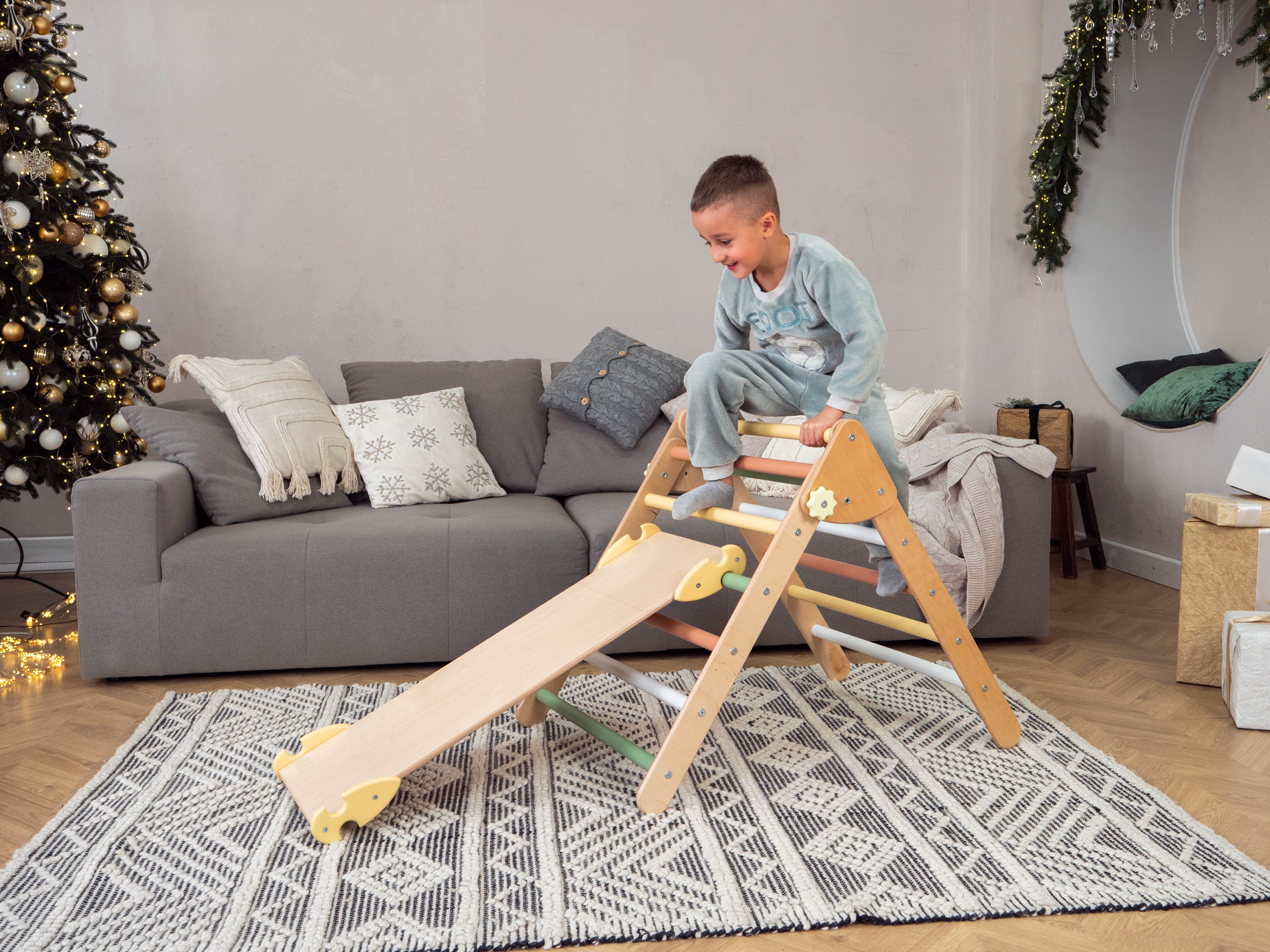 Woodandhearts Toddler Inside Gym: Ramp with Triangle and Climbing Arch, Set of Wooden Toys, for Kids 2-6 Years