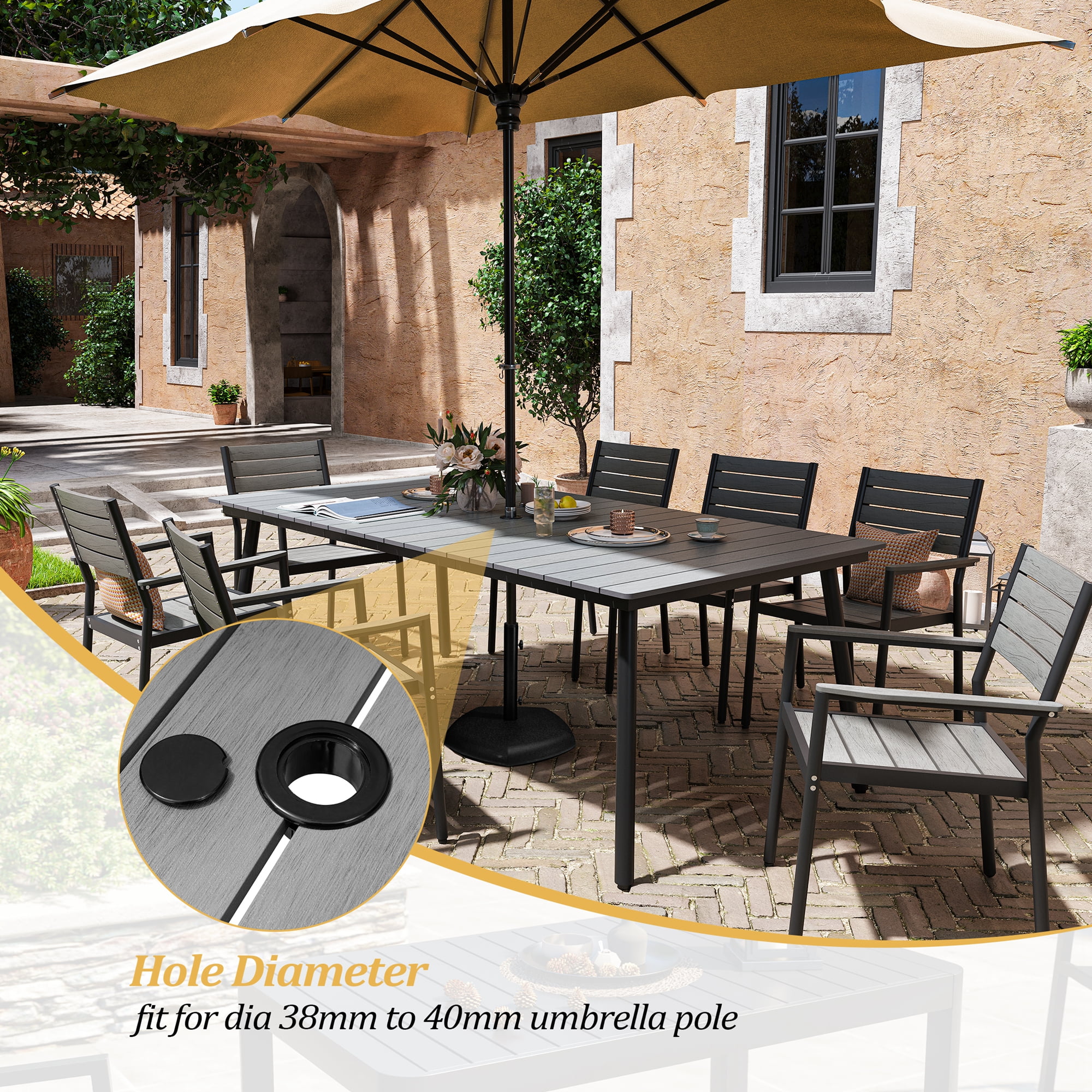 Pellebant 9 Pcs Gray Patio Set 8 Arm Chairs 1 Table with Umbrella Hole