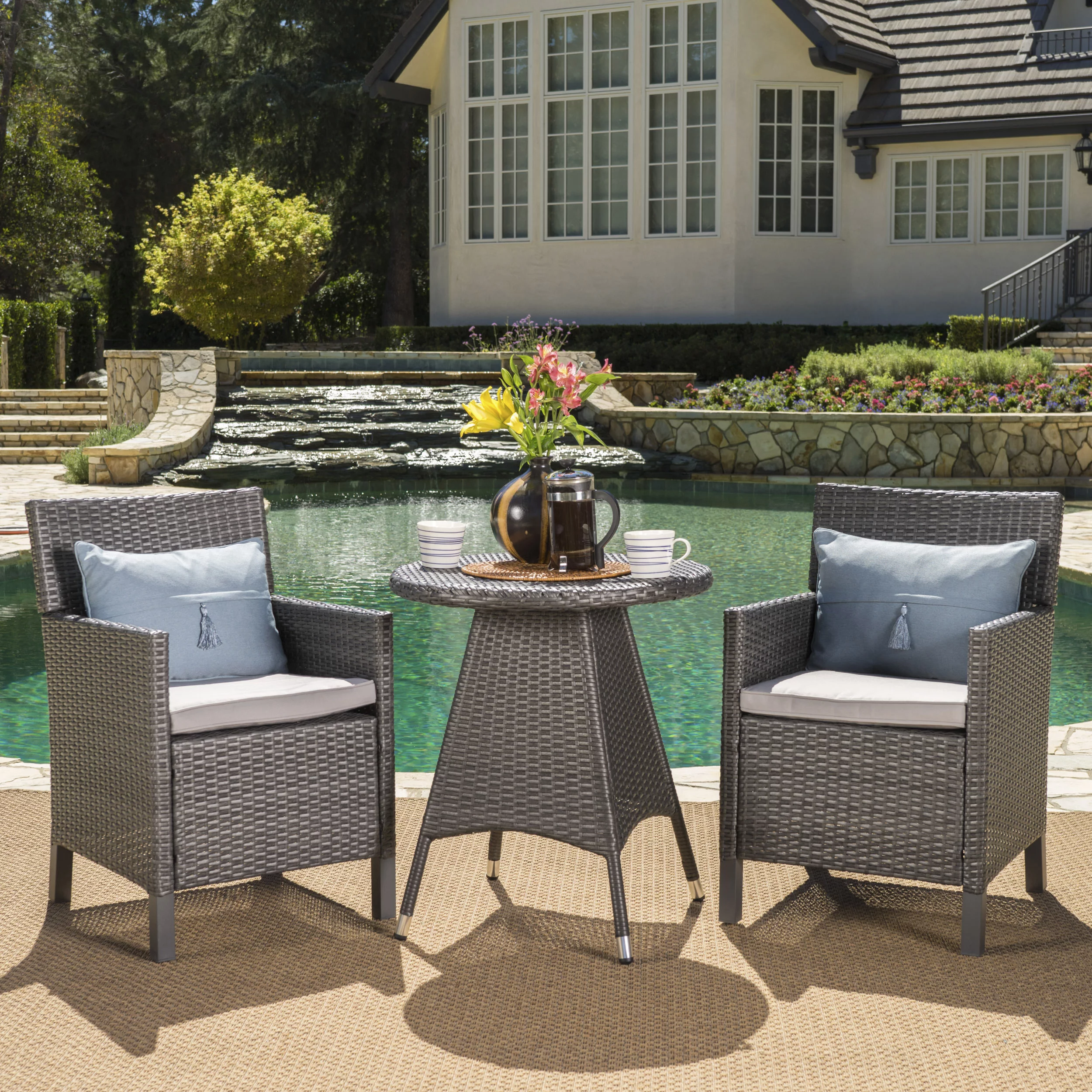 Clarance Outdoor 3 Piece Wicker Round Dining Set with Cushions, Grey