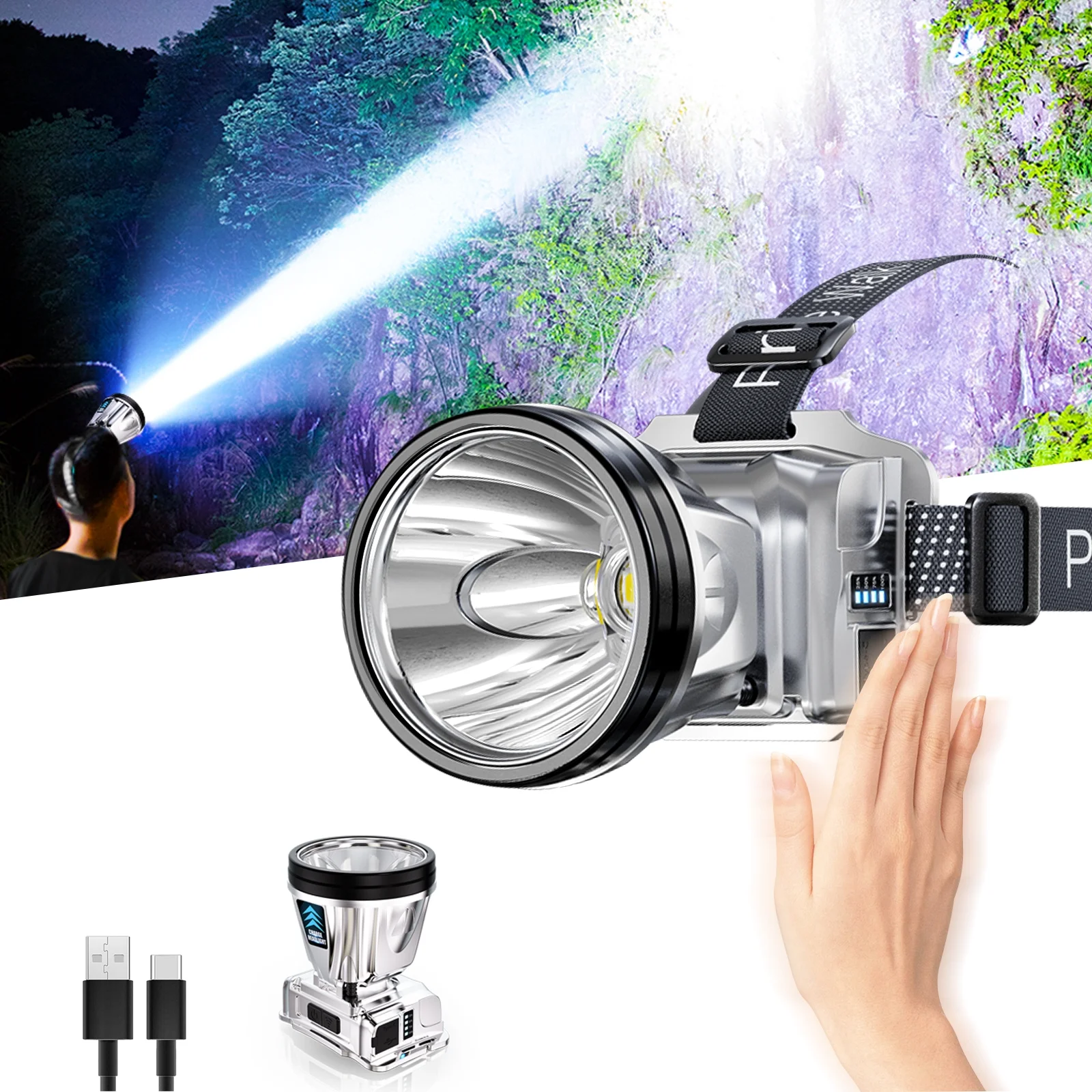 PINSAI Super Bright Headlamp High Power Headlight LED Rechargeable Motion Sensor Hunting Head Lamp