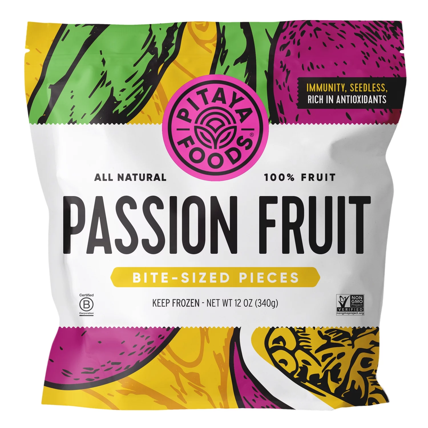 Pitaya Foods Frozen Passion Fruit Bite Sized Pieces for Smoothies, 12oz, 1 Pouch