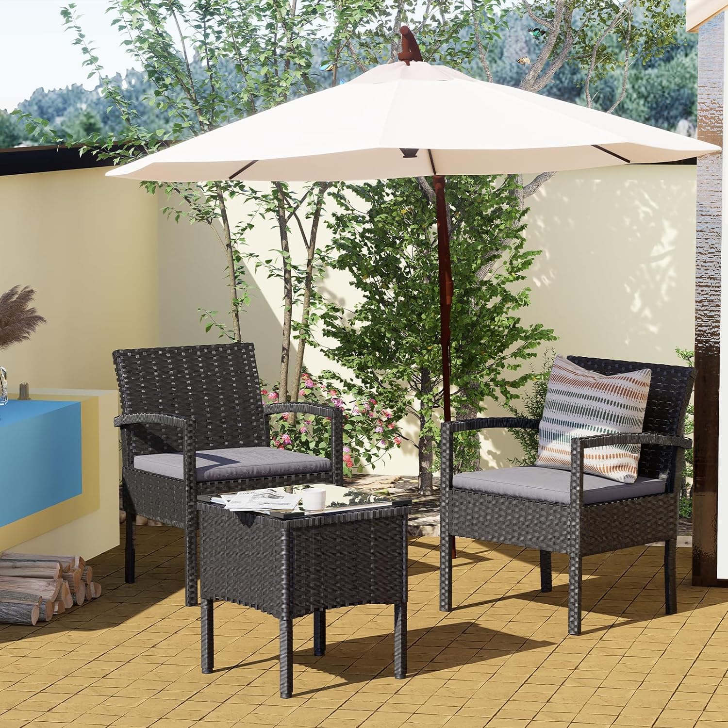 3 Pieces Outdoor Patio Furniture Set, Small Wicker Bistro Conversation Set for Porch and Balcony, All Weather PE Rattan Chairs with Table, Backyard Garden Furniture (Grey)