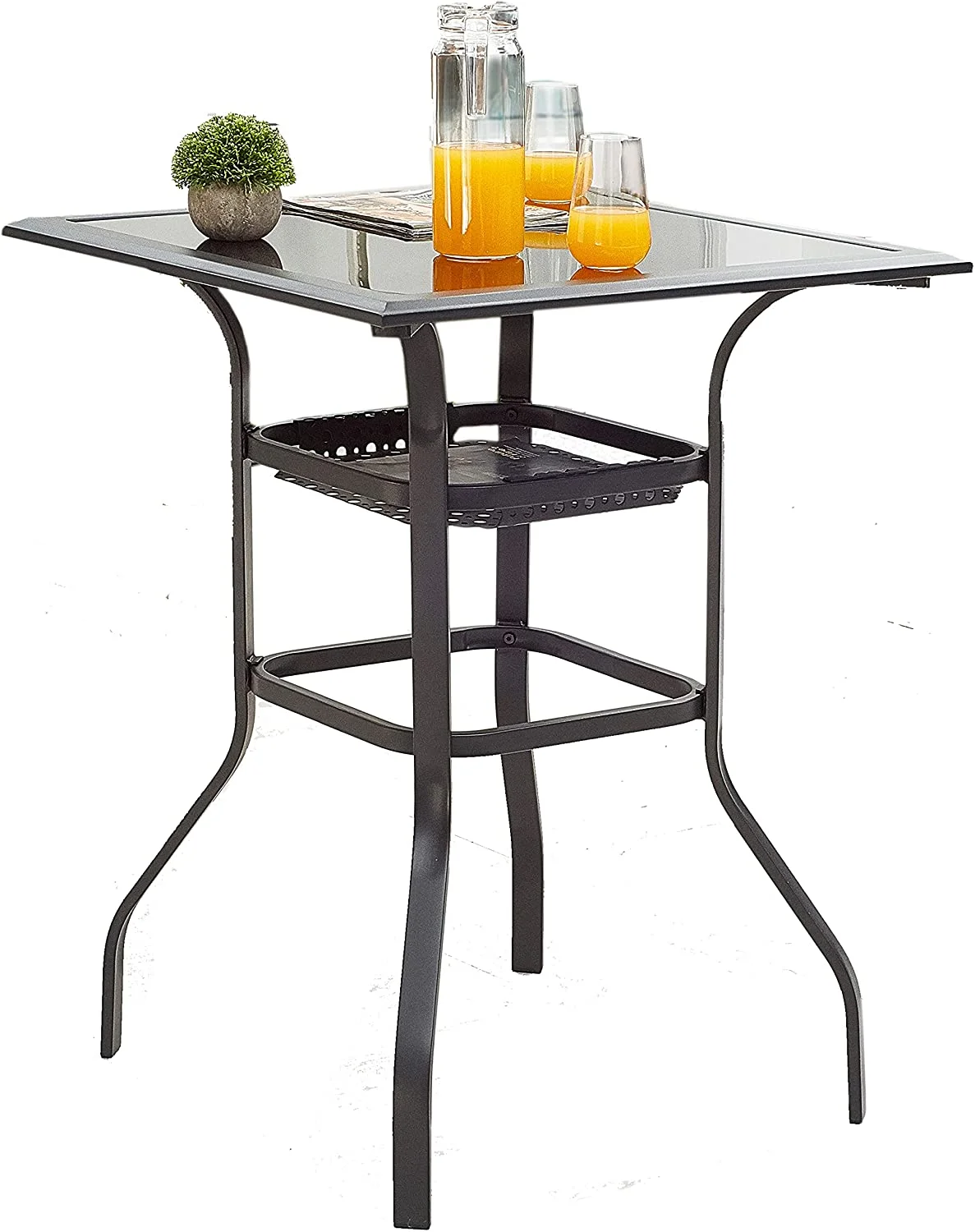 Patio Bar Height Outdoor Table Bistro Square Outside High Top with 2-Tier Metal Frame (27.6