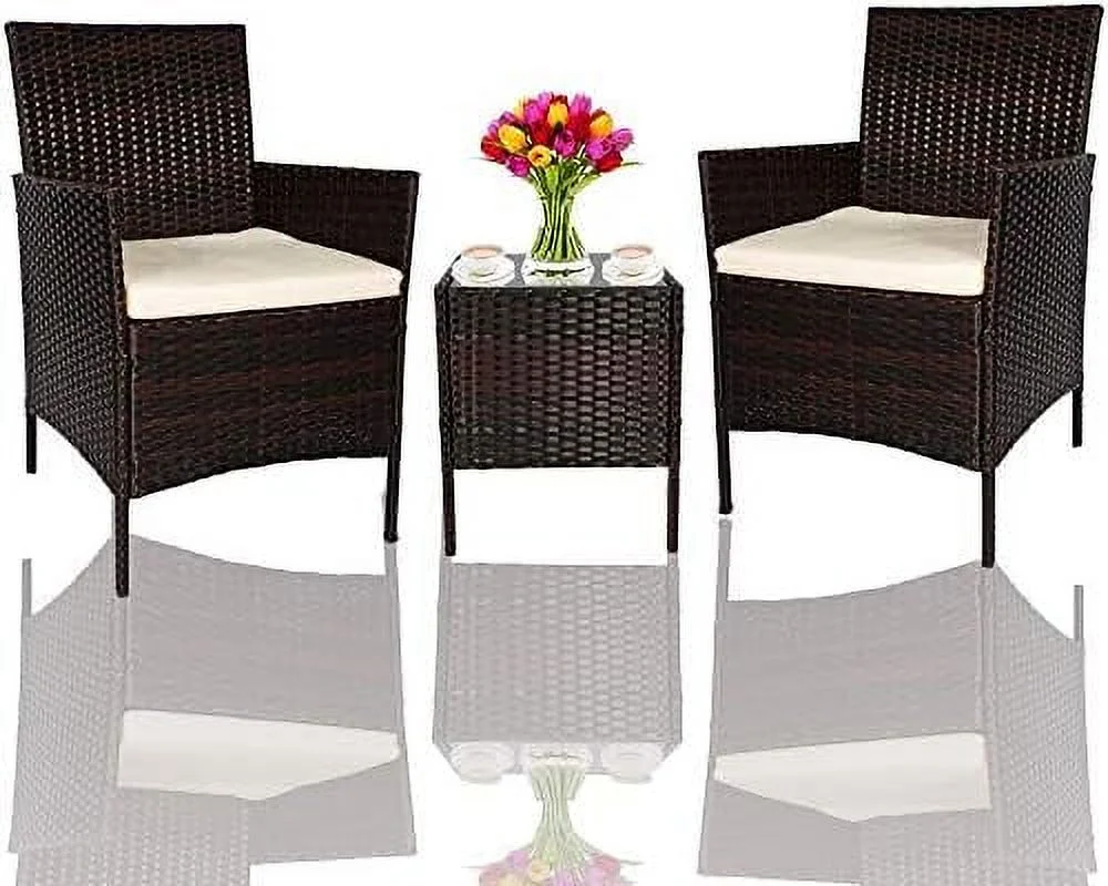 xrboomlife 3 Pieces Outdoor  Set Patio PE Wicker Rattan Chairs and Table Sofa Set  Cushioned Seats Conversation Sets (Brown&Beige)