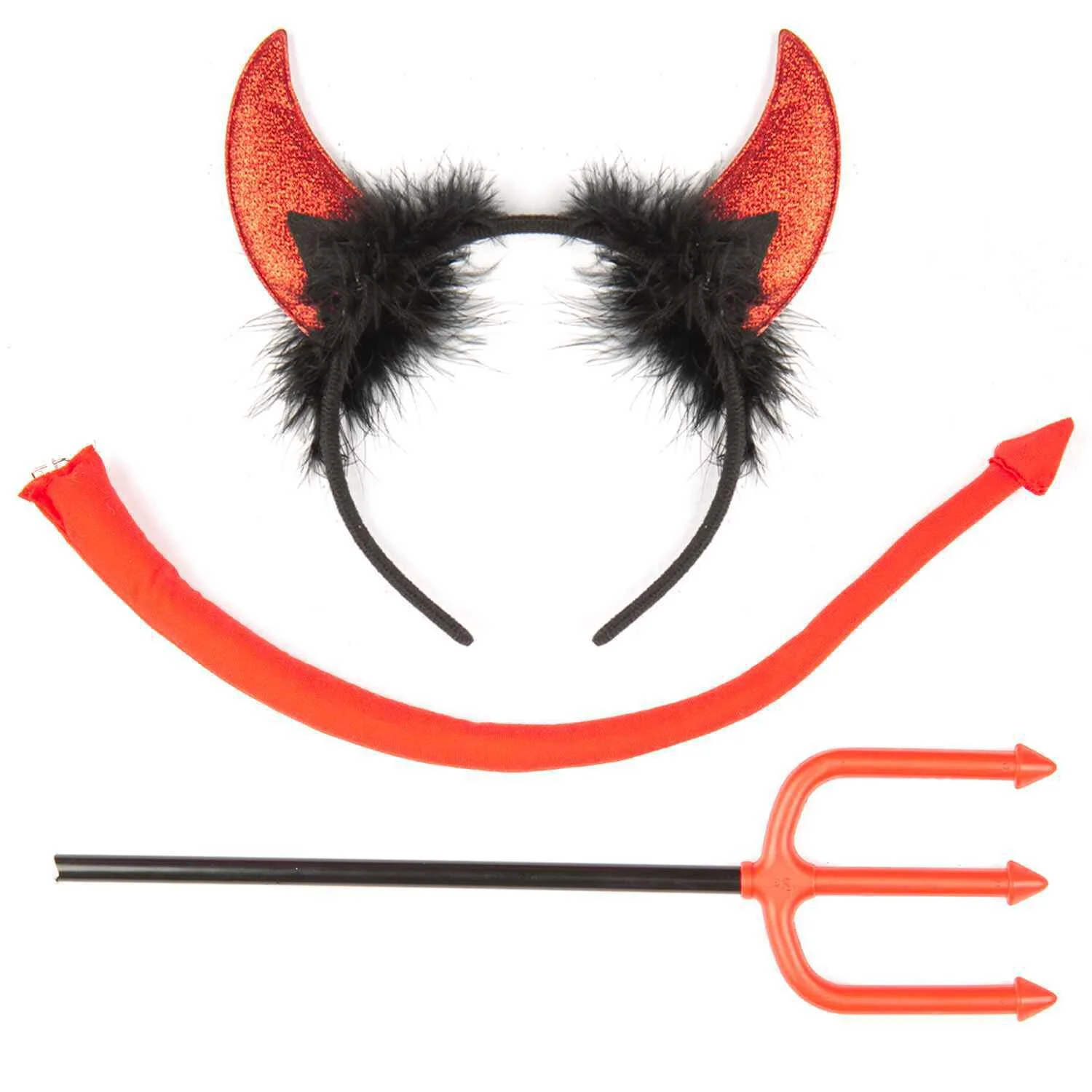 FUNCREDIBLE Devil Costume Accessories Set | Devil Horns and Tail with Pitchfork | Glitter Devil Ears Headband | Halloween Fancy Devil Cosplay Outfit Accessories for Women, Men and Kids (Red)