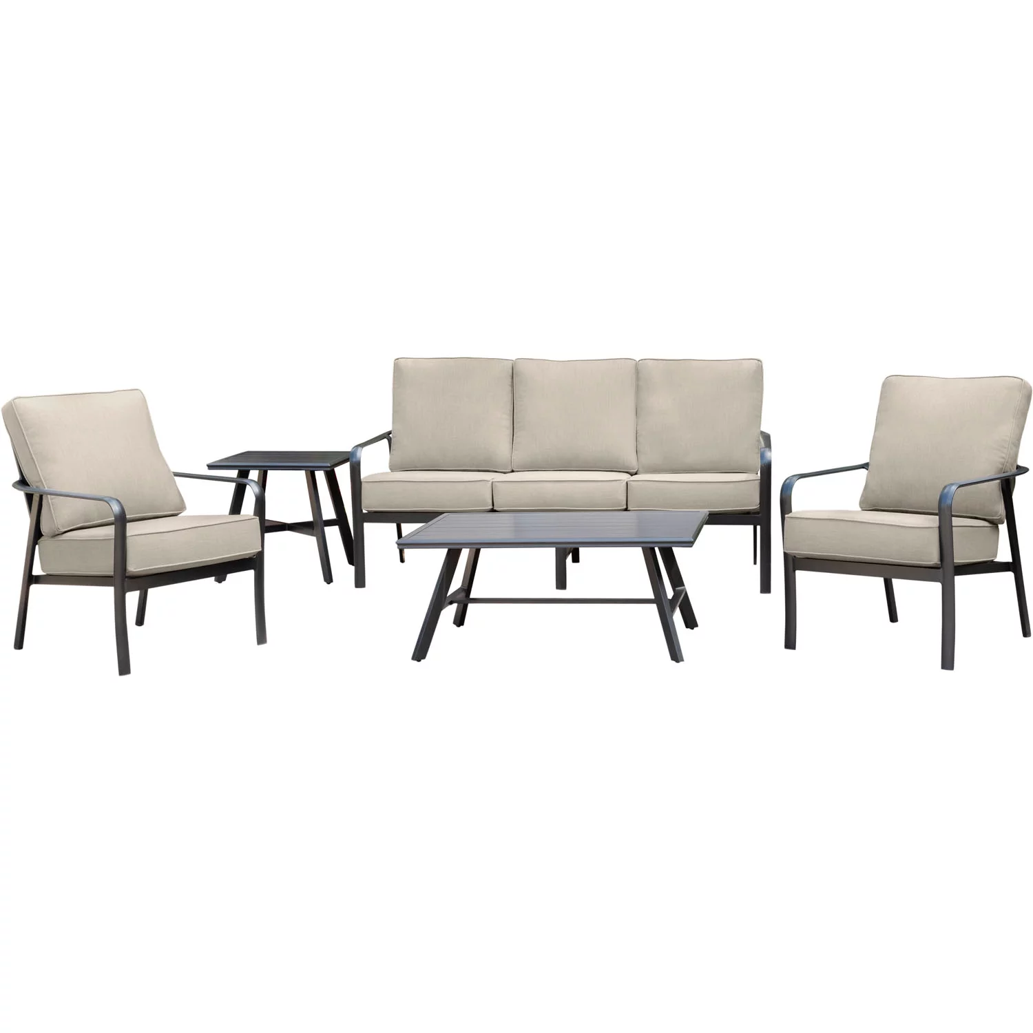 Hanover Cortino 5-Piece Commercial-Grade Patio Seating Set with 2 Cushioned Club Chairs, Sofa, and Slat-Top Coffee and Side Table