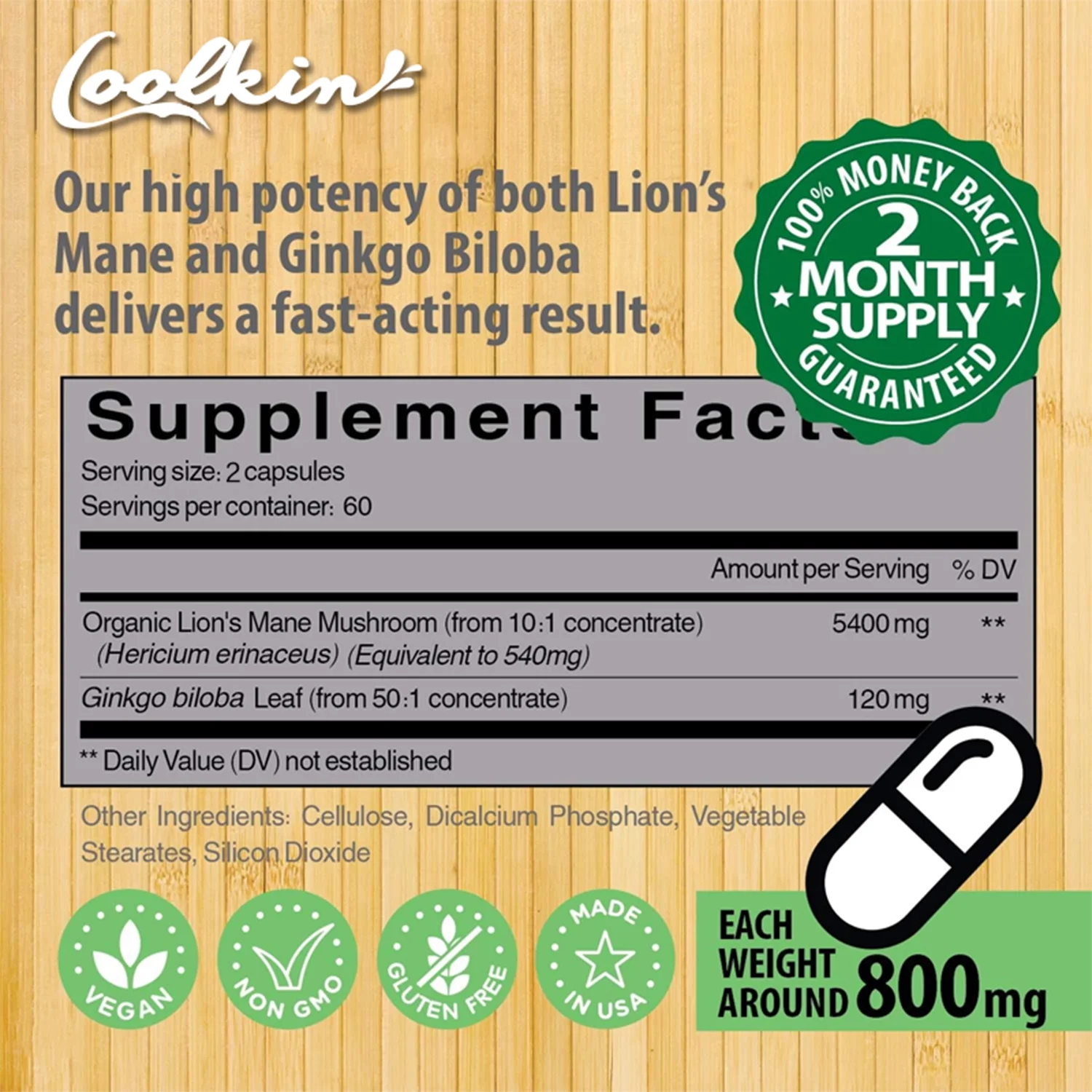 Coolkin Lion's Mane - Ginkgo Biloba Leaf - Nootropic Brain Booster, Memory & Attention 120 Capsules