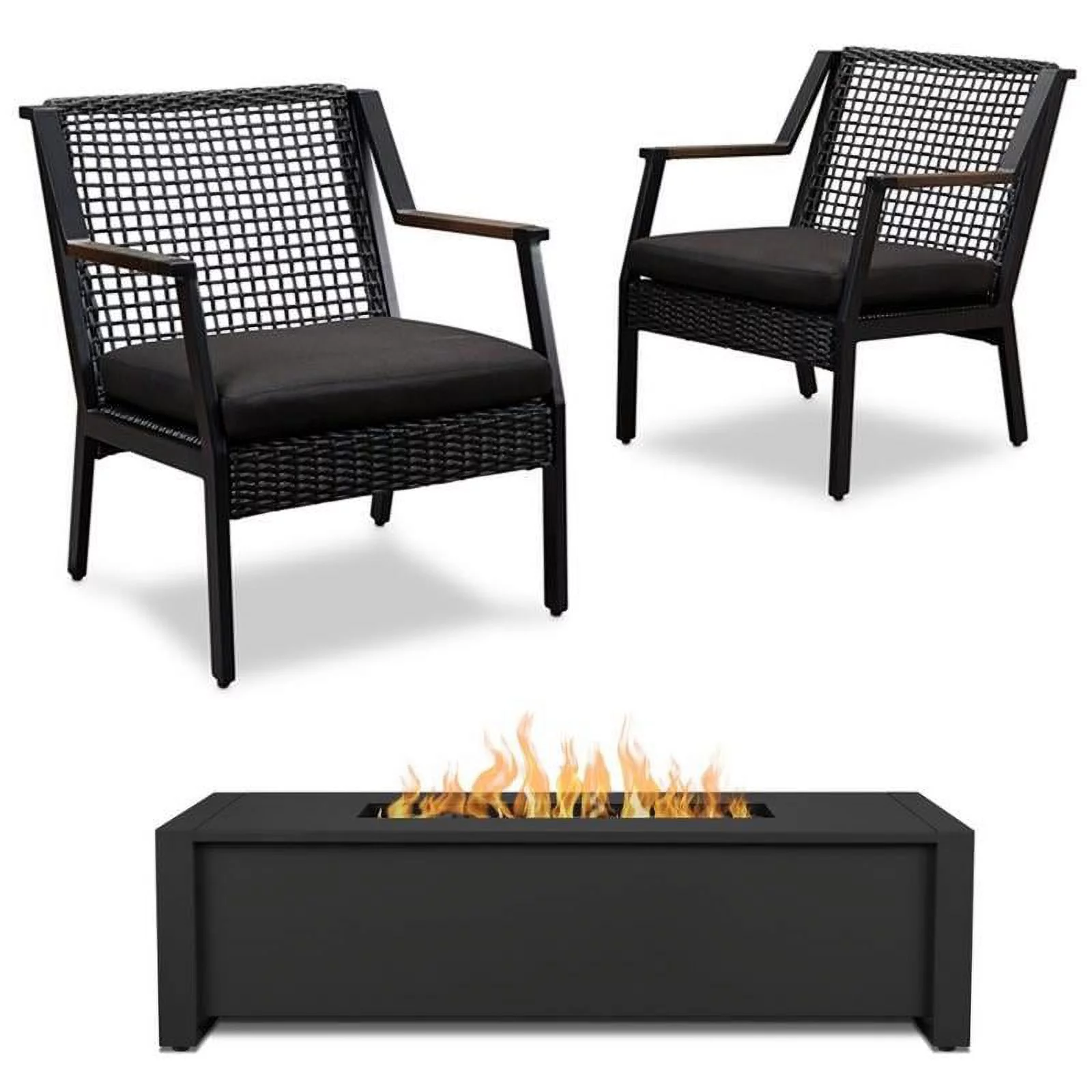 Home Square 3 Piece Garden Patio Set with Fire Table and 2 Chairs in Black