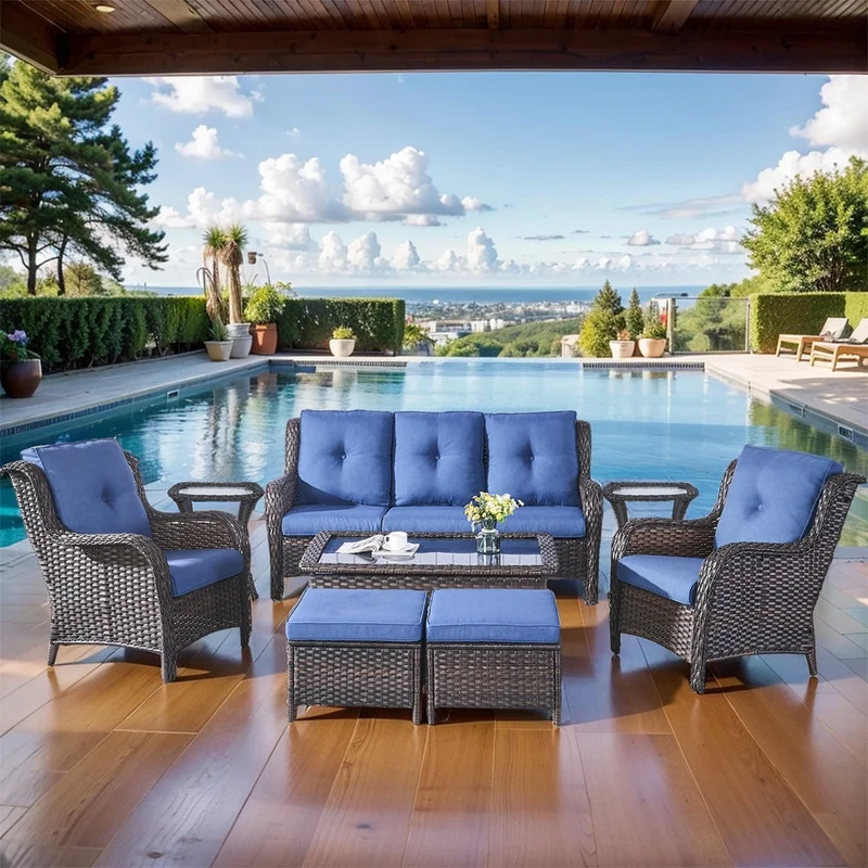 POCASSY 8 Piece Rattan Outdoor Conversation Furniture Set Wicker Sofa Seating Group with Cushions for Backyord, Garden, Pool