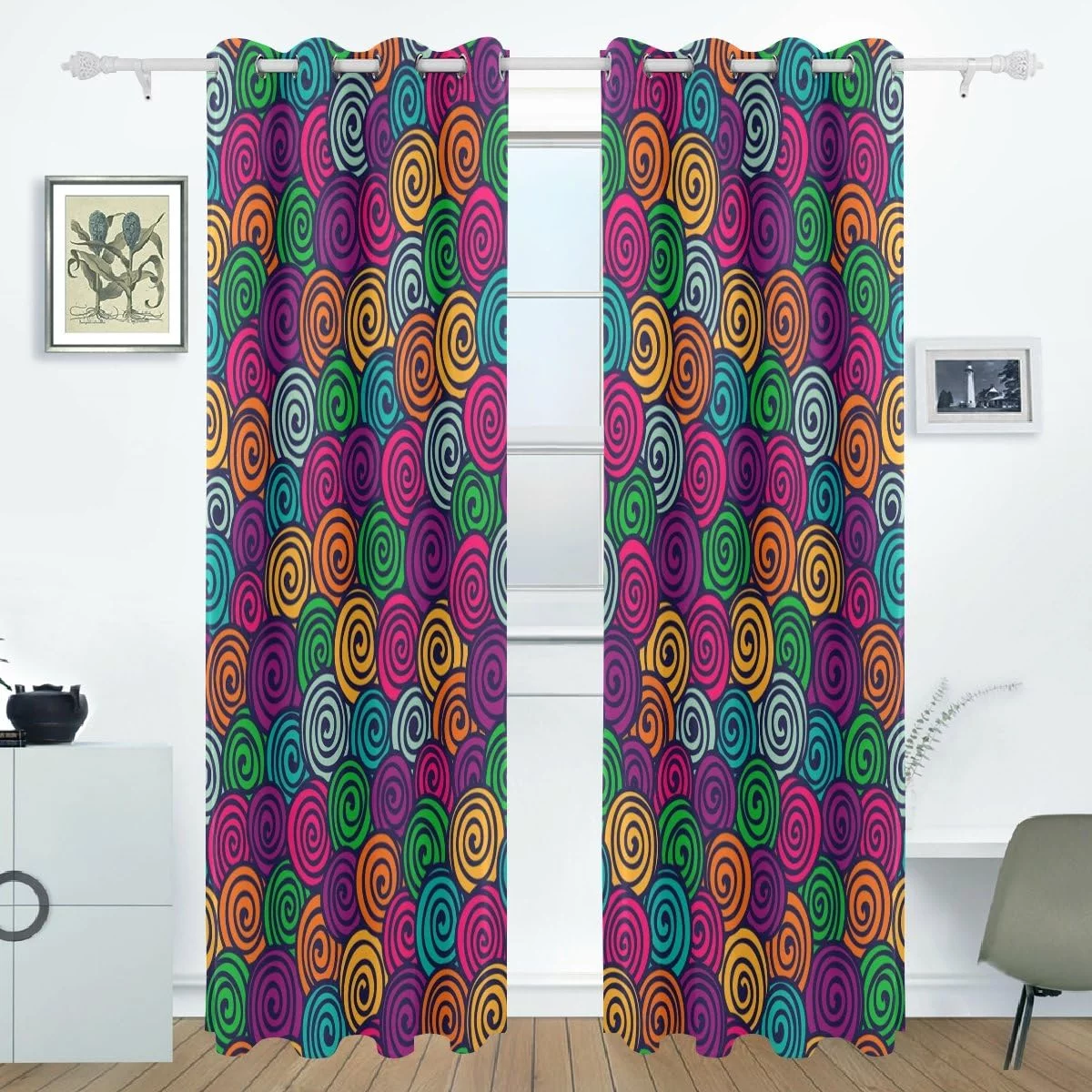Coolnut Bright Color Spirals Thermal Insulated Blackout Grommet Printed Window Curtain, 84