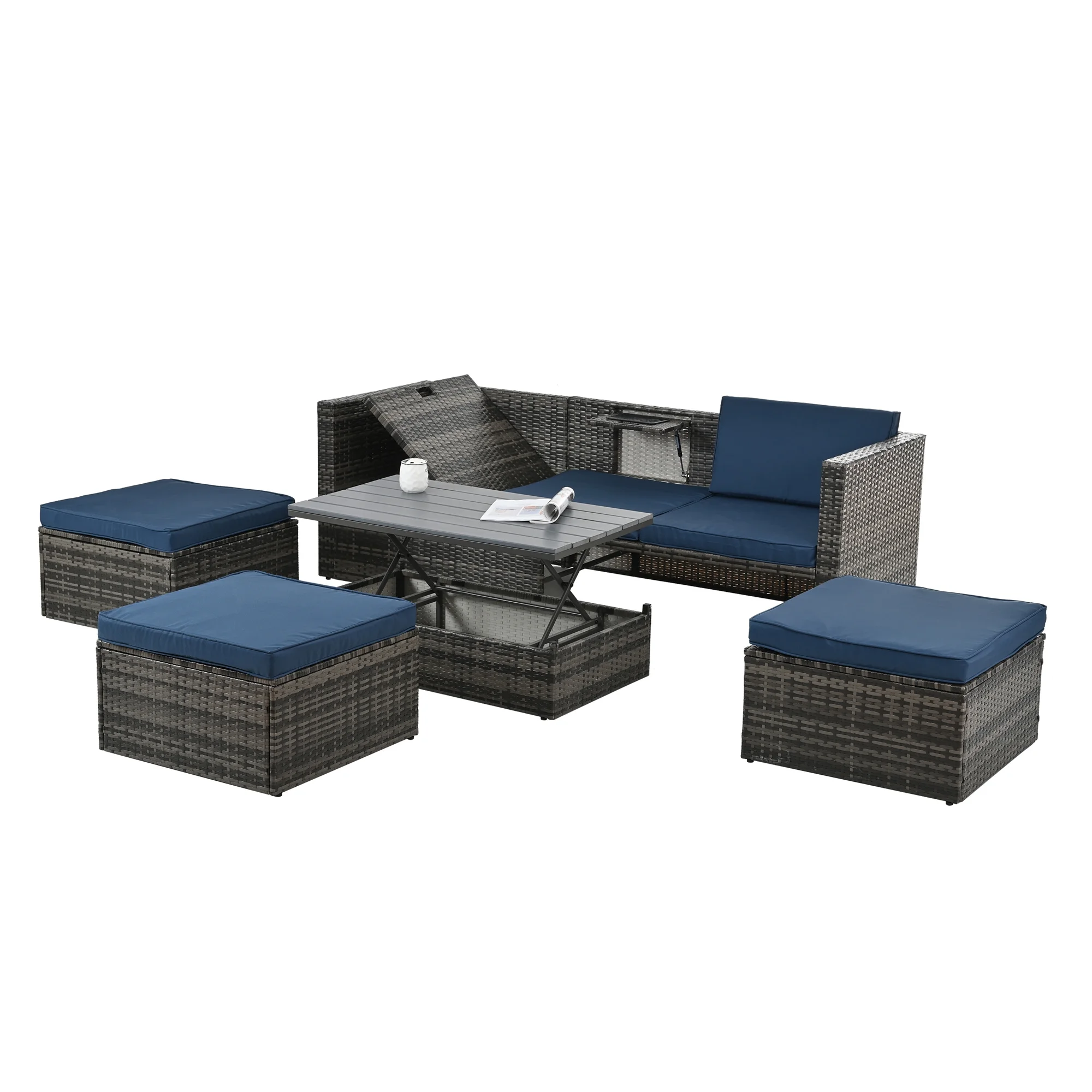 Highsound Patio Outdoor Furniture Set of 7, PE Wicker Rattan Sofa Group With Lifting Coffee Table and Adjustable Cushioned Lounger Sofa, Blue