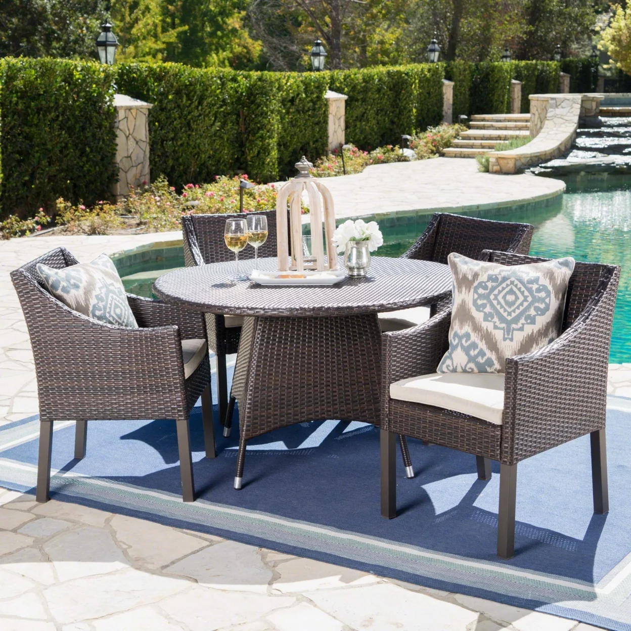 Frances Outdoor 5 Piece Wicker Round Dining Set with Cushions, Multibrown and Beige
