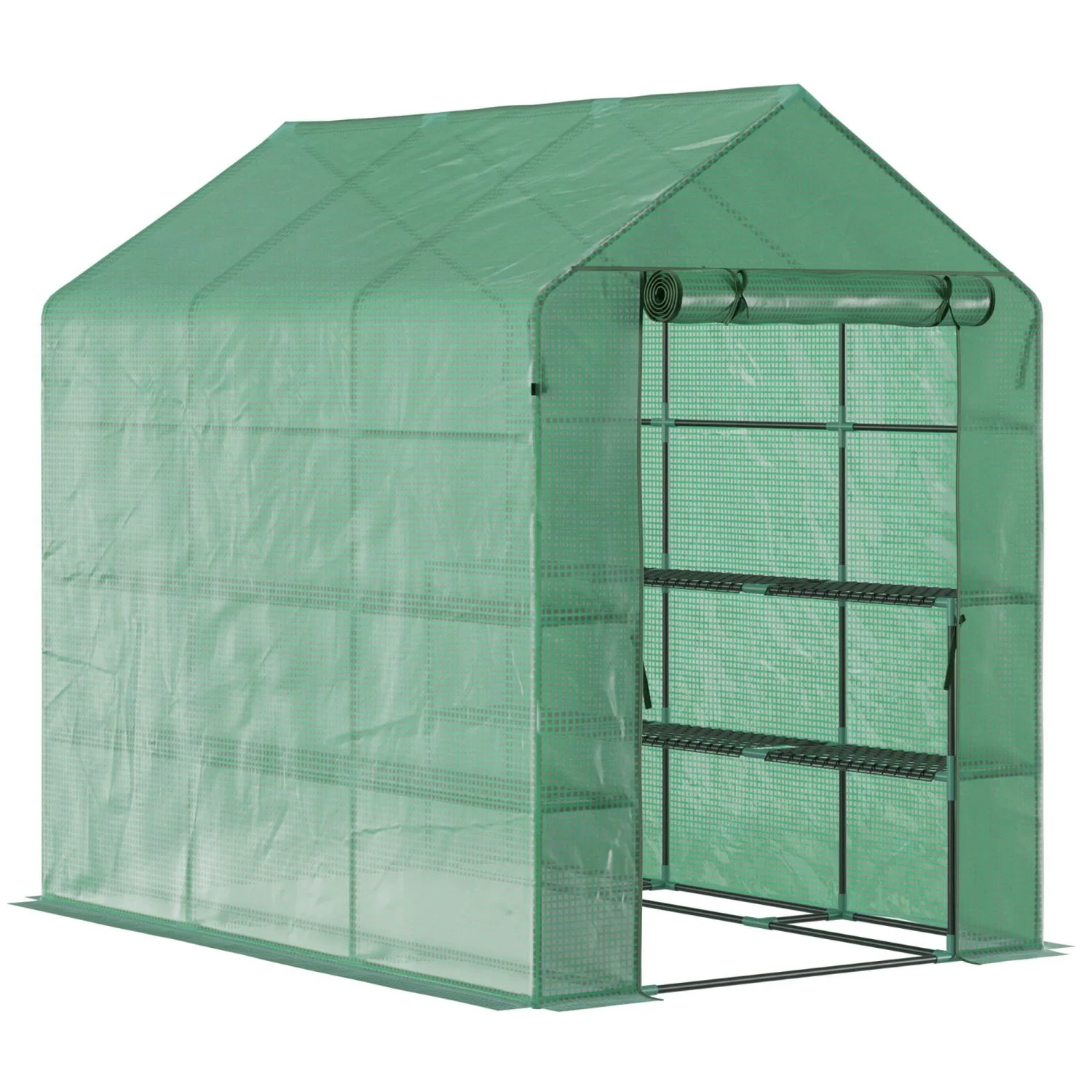 YLtoohoom 7‘ x 5‘ x 6.5‘ Walk-in Greenhouse  PE Cover  3-Tier Shelves  Steel Frame Hot house  Roll-Up Zipper Door for Flowers  Vegetables  Saplings  Tropical Plants  Green