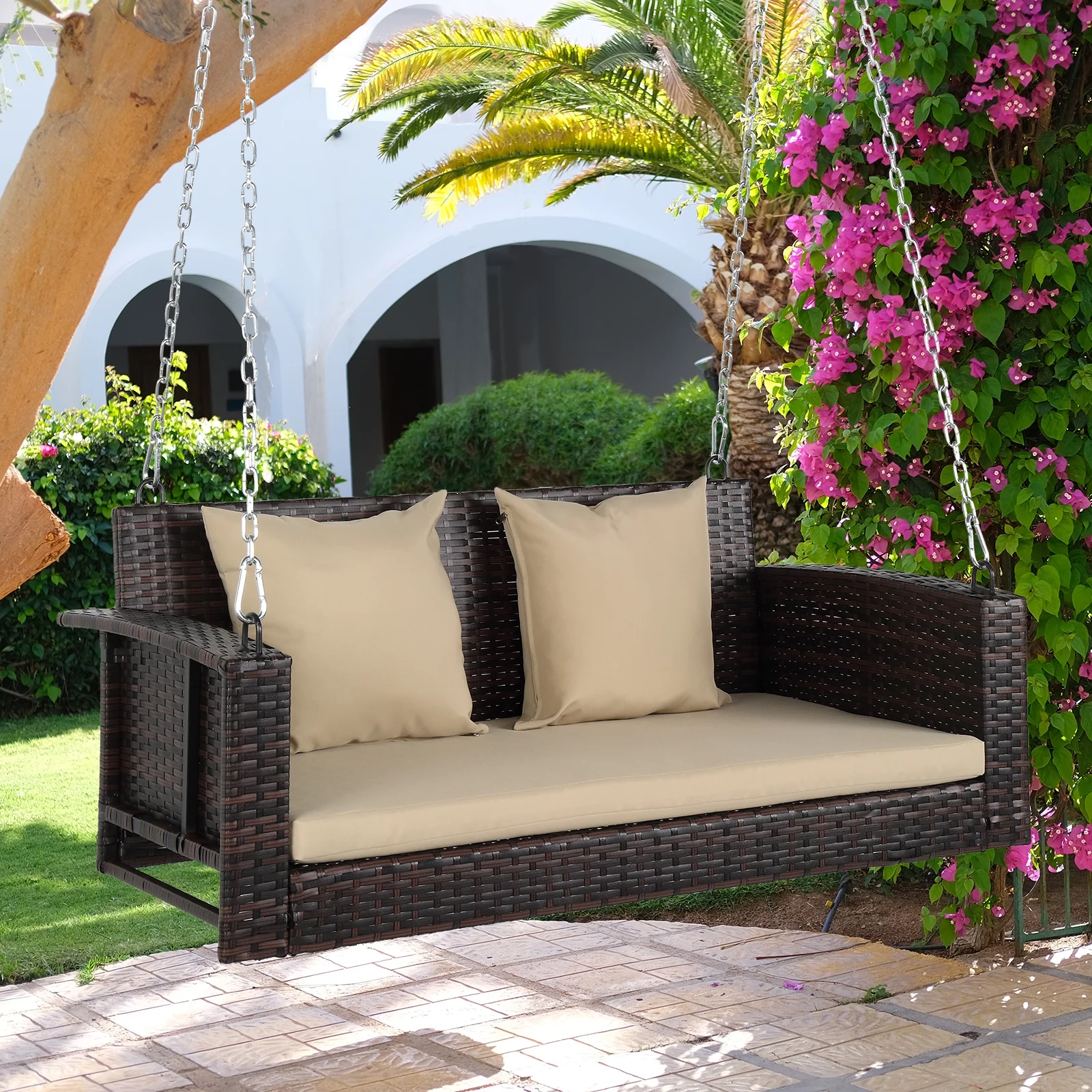 BMTBUY 49in Brown Gradient Rattan Beige Cushion Rattan Swing Chair（Swing frames not included）