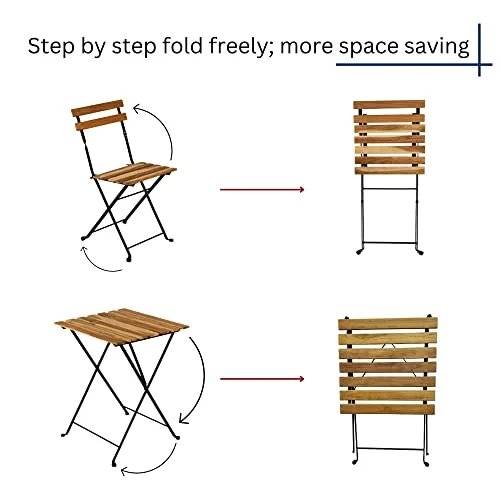 Outdoor Bistro Sets Solid Teak Wood Folding Table Set with 2 Chairs and Square Table and Waterproof Navy Cushion for Pool Beach Backyard Balcony Porch Deck Garden Patio Wooden Furniture