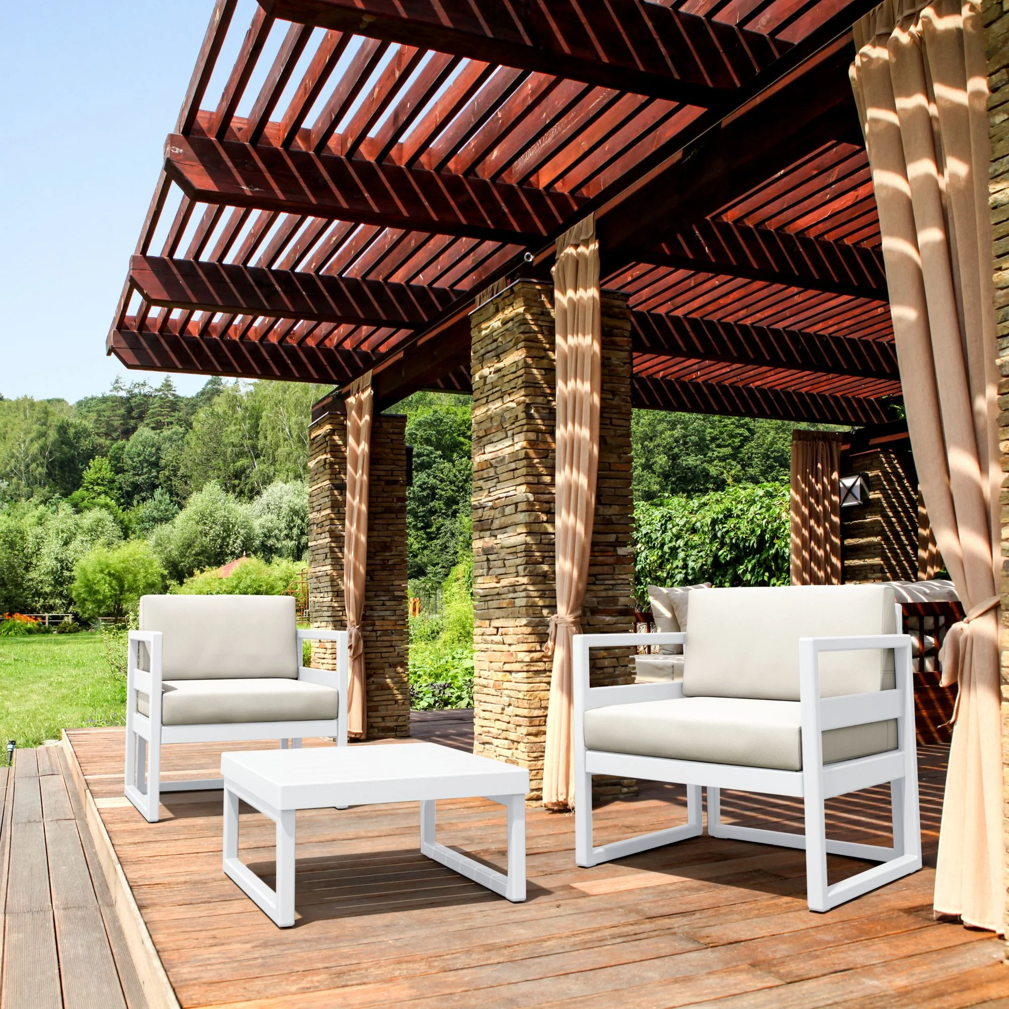 Luxury Commercial Living 3-Piece White Patio Club Seating Set with Sunbrella Natural Beige Cushion