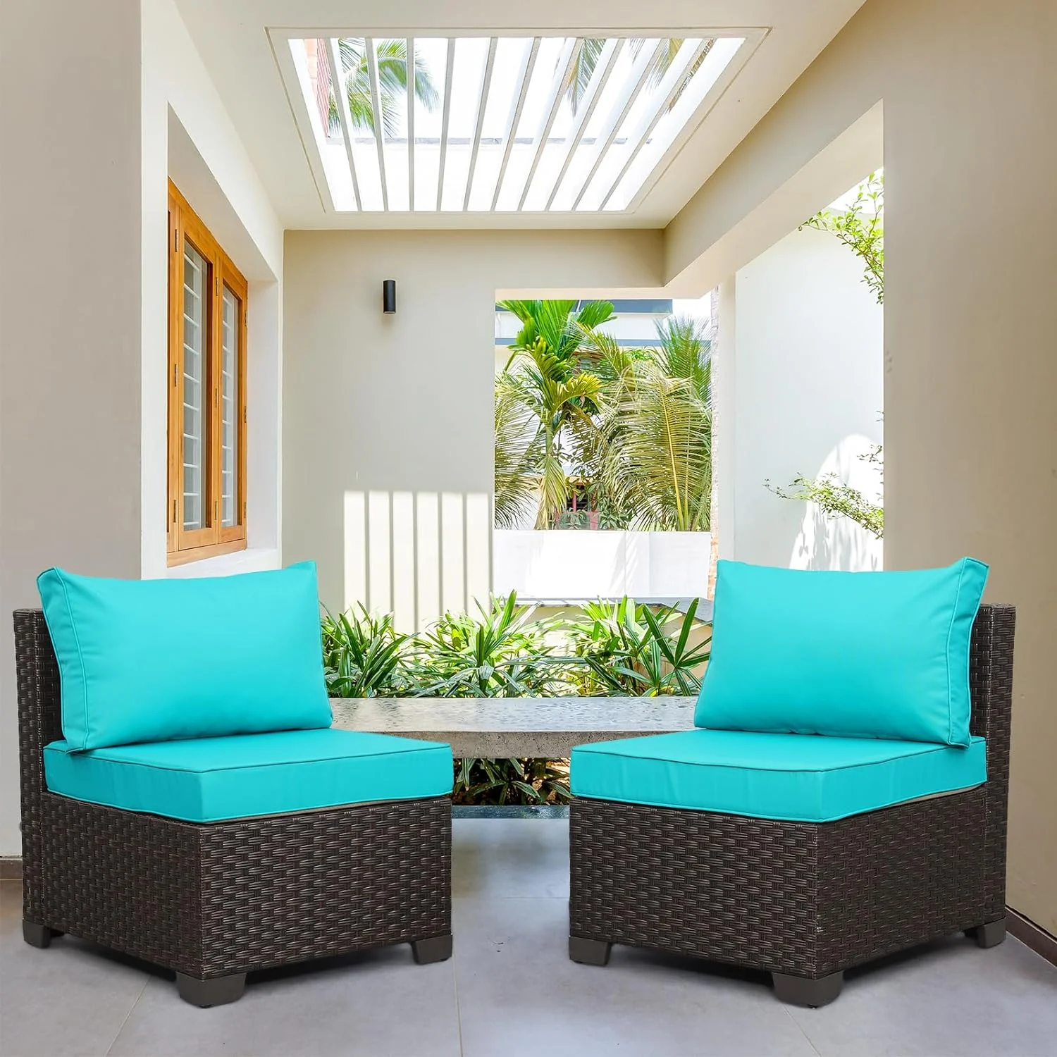 DSZBNUIO TUIONMJ Outdoor PE Wicker Patio TUIONMJ Set 2 Piece Armless Chair Brown Rattan Sofa with Khaki Cushions