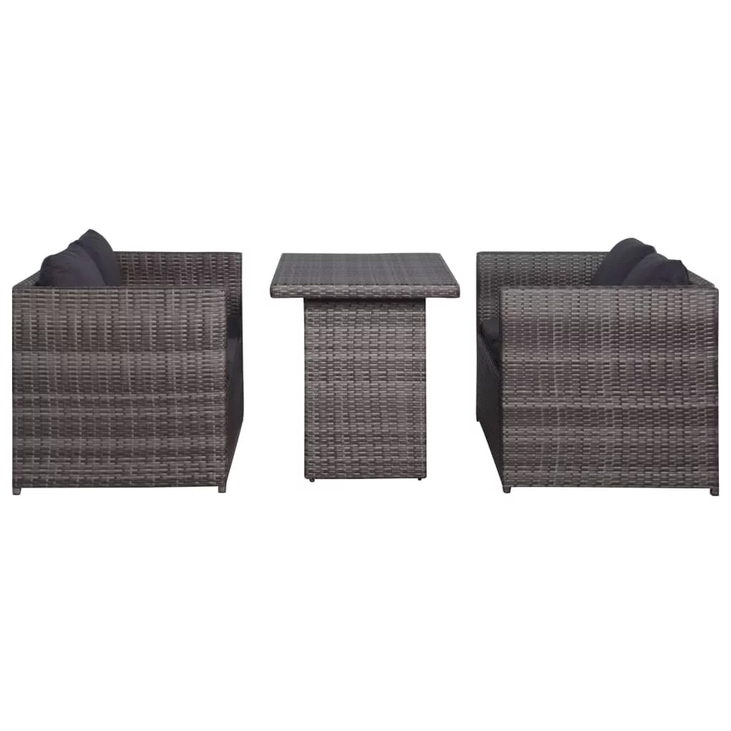 3 Piece Bistro Set Poly with Cushions Rattan Gray
