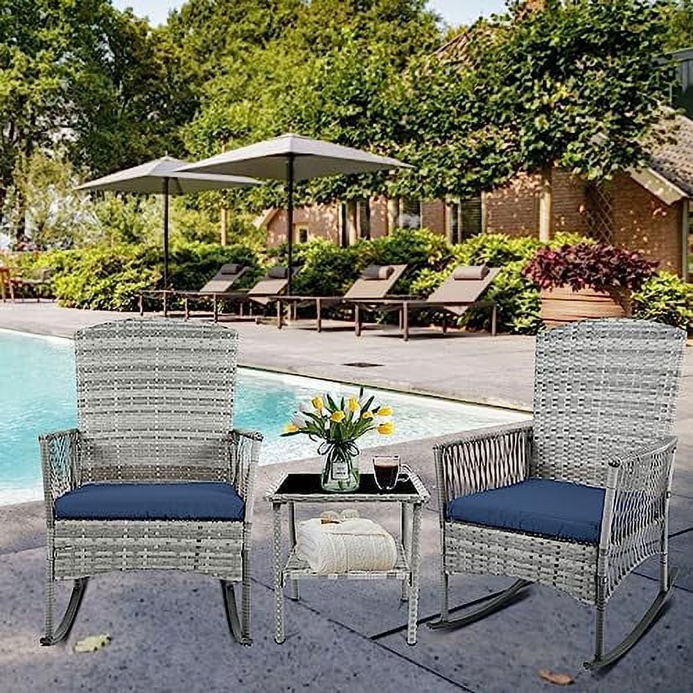 JYHOME 3 Piece Patio Conversation Set  Outdoor Rocking Chairs   Wicker  Set with Glass Top Coffee Table and Cushions for Porch Garden Backyard Lawn (Grey Rattan  Blue Cushion)