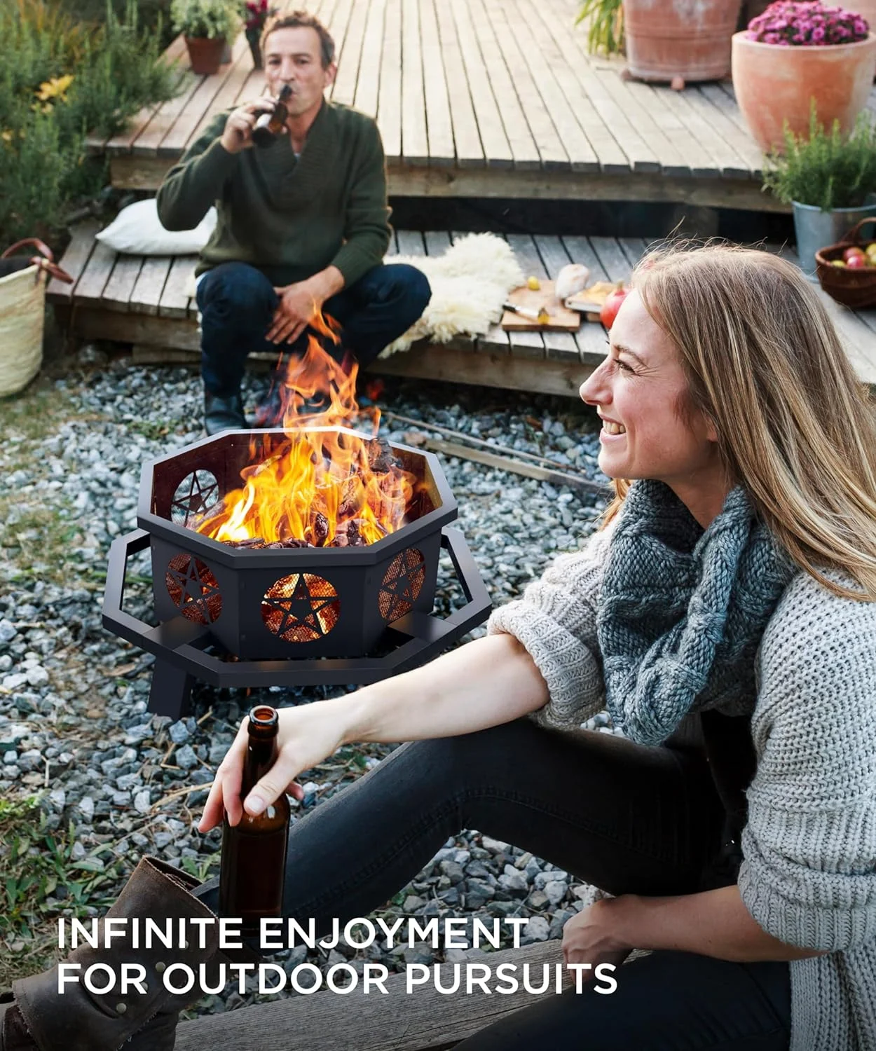 Outdoor Octagonal Fire Pit: 35-Inch Wood Burning Firepit with Cooking Grill, Poker Included, Heavy Duty for Bonfire, Patio, Camping