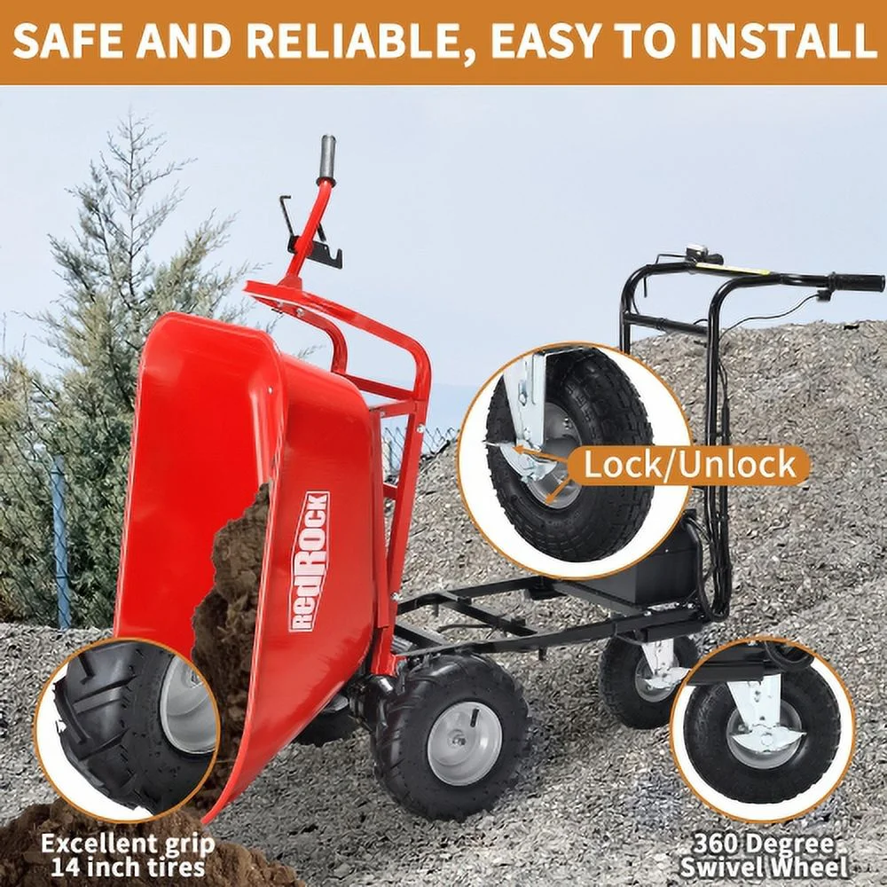 Buumin RedRock Wheelbarrow Utility Cart Electric Powered Cart 48V28Ah 500W Capacity 500lbs (230kg) Material Debris Hauler 1000lbs Towing