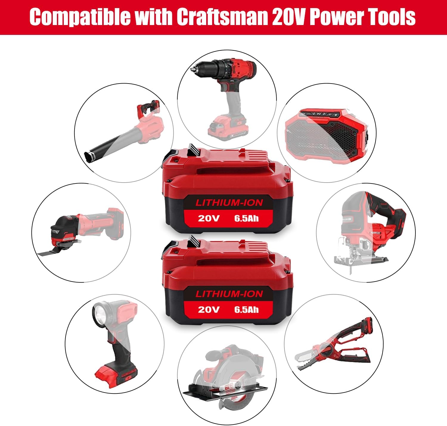 20V 6.5Ah V20 CMCB206-2 Battery Replacement for 20V 6.0Ah CMCB206-2 4.0Ah CMCB204-2 V20 Battery Pack Compatible with Craftsman 20-Volts Cordless Power Tools V20 Lithium-Ion Battery 2Pack