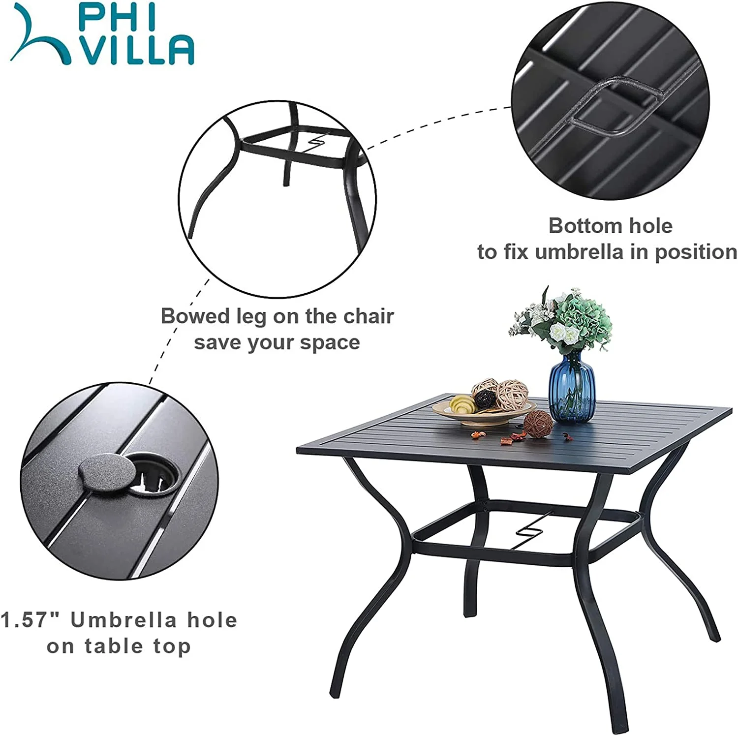 VILLA 5 Piece Outdoor Dining Set with 10ft Umbrella  37" Square Metal Dining Table & 4 Cushioned Metal Chairs & 3-Tier Beige Umbrella for Patio  Deck  Yard  Porch