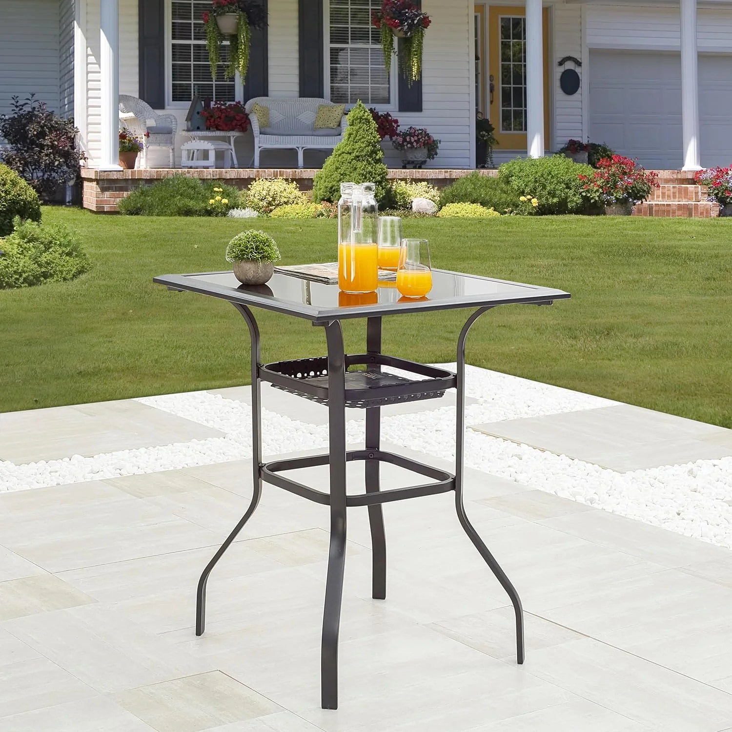 Patio Bar Height Outdoor Table Bistro Square Outside High Top with 2-Tier Metal Frame (27.6