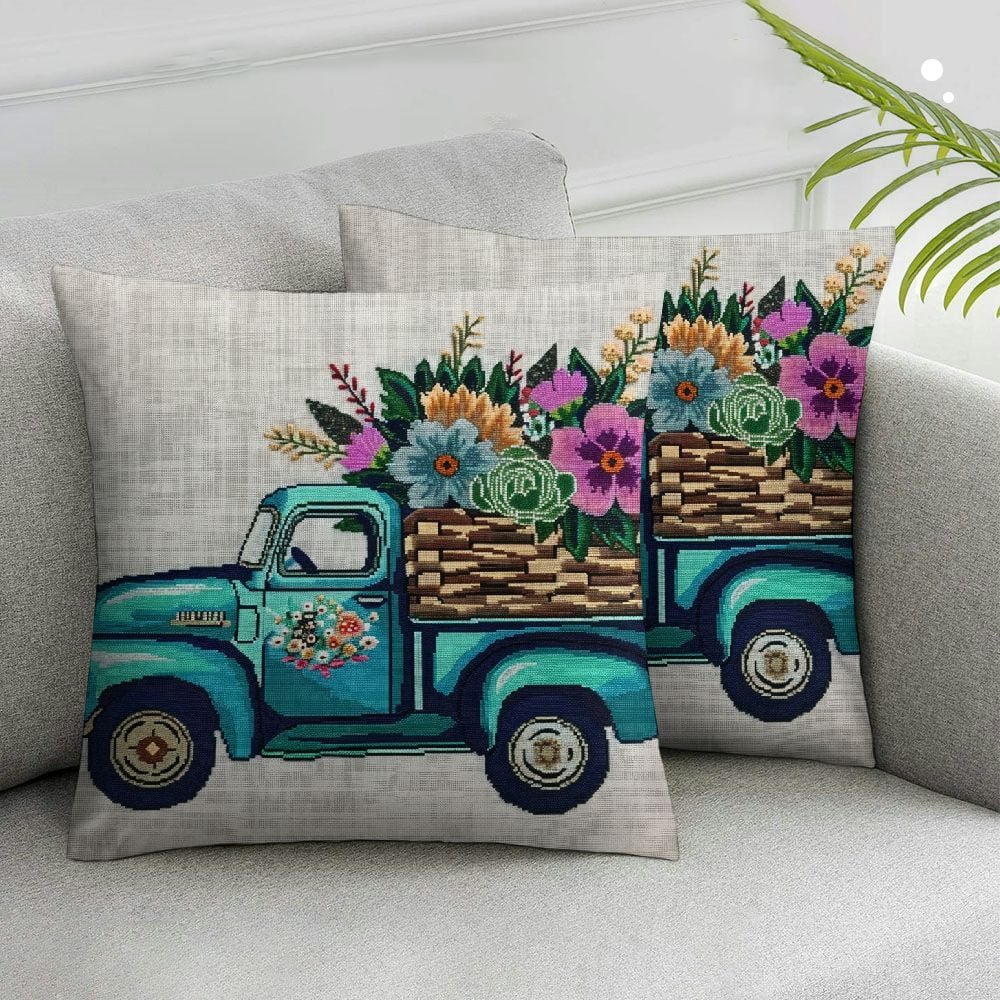 Nawypu Happy Easter Day Throw Pillow Cover Vintage Truck Flower Bless Our Nest Cushion Cover Spring Easter Farmhouse Decor Pillowcases,for Couch/Sofa/Bedroom/Patio,Set of 2