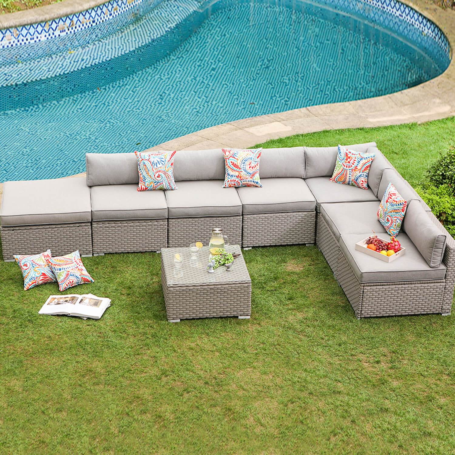 COSIEST 8-Piece Outdoor Furniture Set Warm Gray Wicker Sectional Sofa