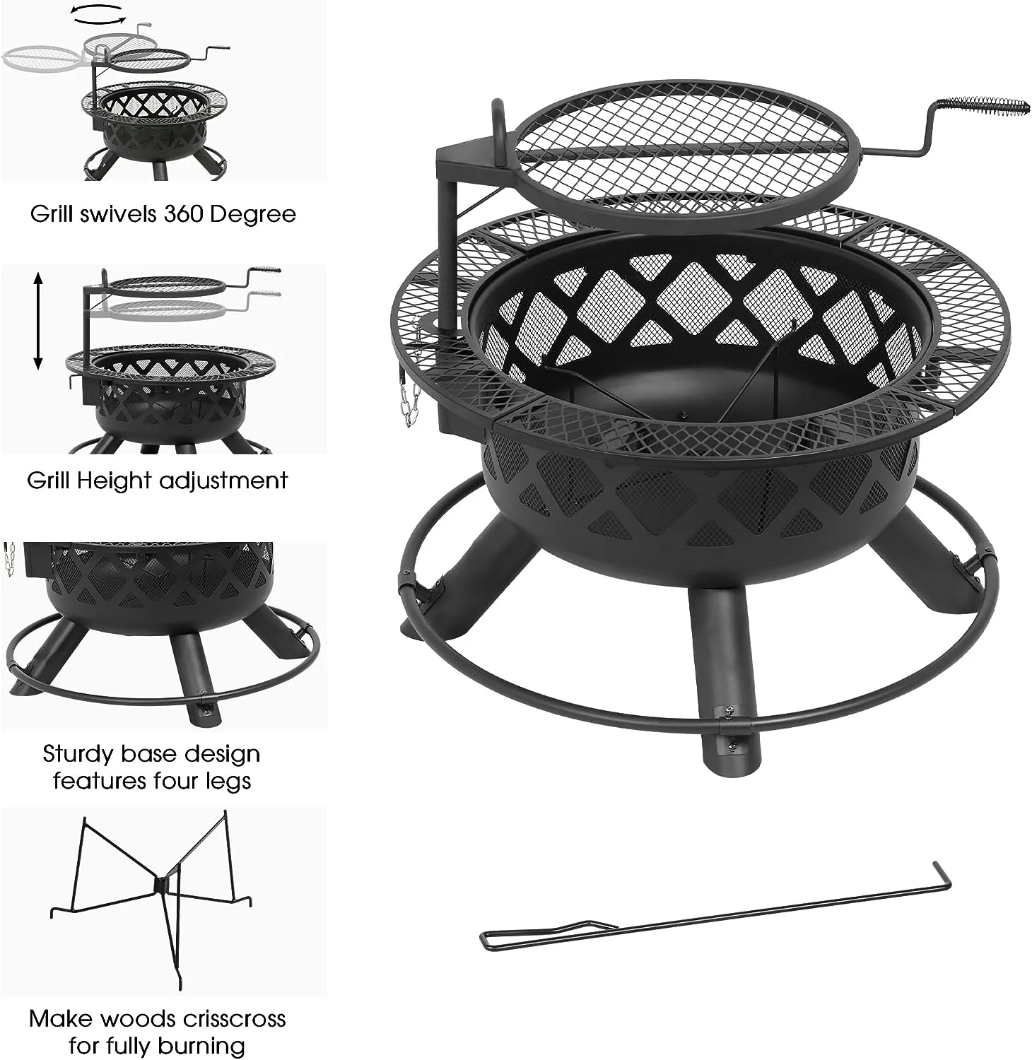 Wood Burning Fire Pit with Quick Removable Cooking Grill, Black, 32in