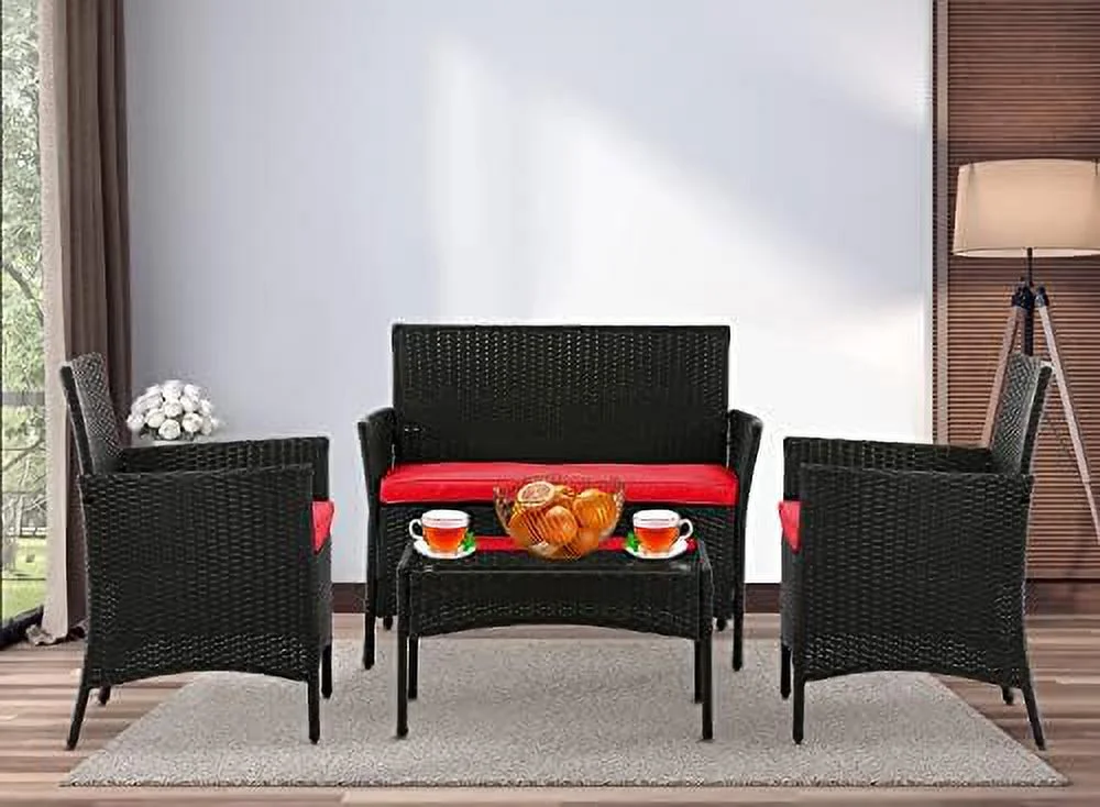 HOOMHIBIU 4 Pieces Wicker Patio  Set Conversation Chairs with Table  Outdoor Rattan Patio Set for Balcony Backyard Front Porch  with Cushion Seat  Blue