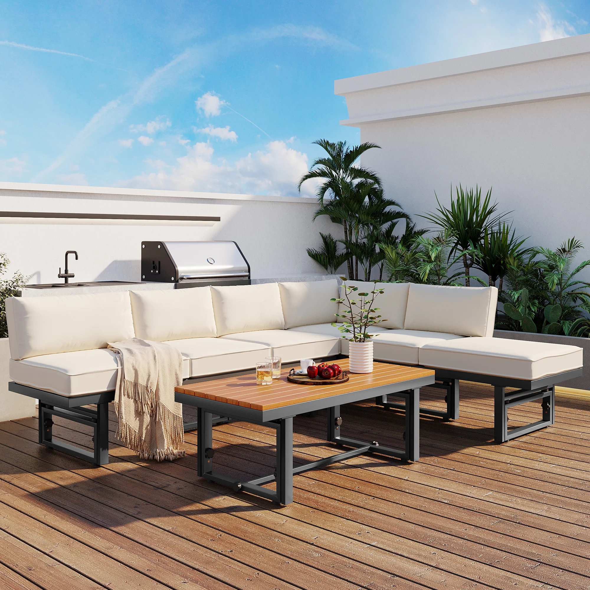 Homiyad 3-Piece Modern Multi-Functional Outdoor Sectional Sofa Set with Height-Adjustable Seating and Coffee Table for Patio, Garden and Backyard (Beige)