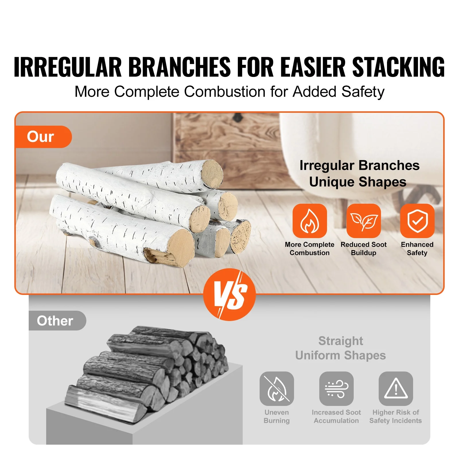 SKYSHALO 6 Pcs Large Withe Birch Logs Gas Fireplace Ceramic Logs Decorative