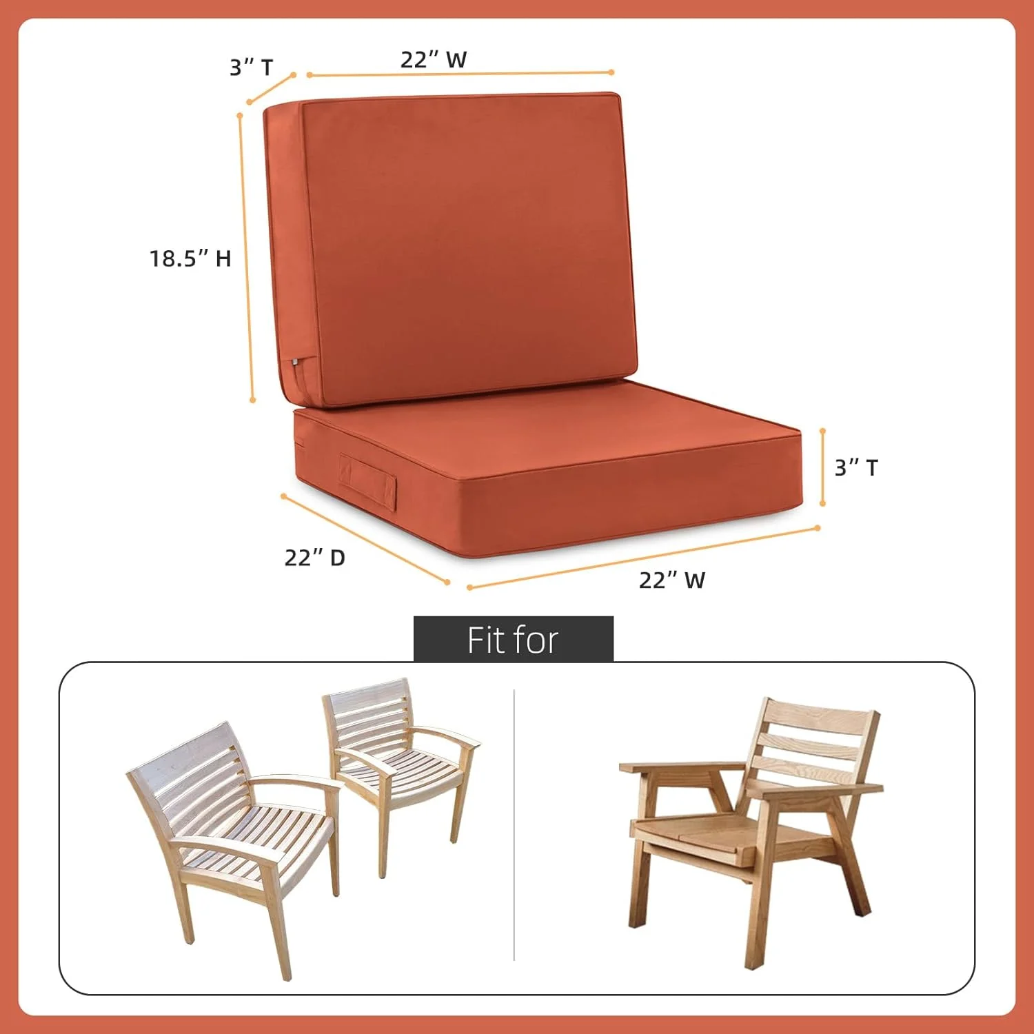 Deep Seat Patio Cushion Set 22 x 22 Inch Waterproof Outdoor Chair Cushions for Patio Furniture with Fade Resistant and Removable Cover with Handle & Adjustable Straps for Patio, Yard, Garden