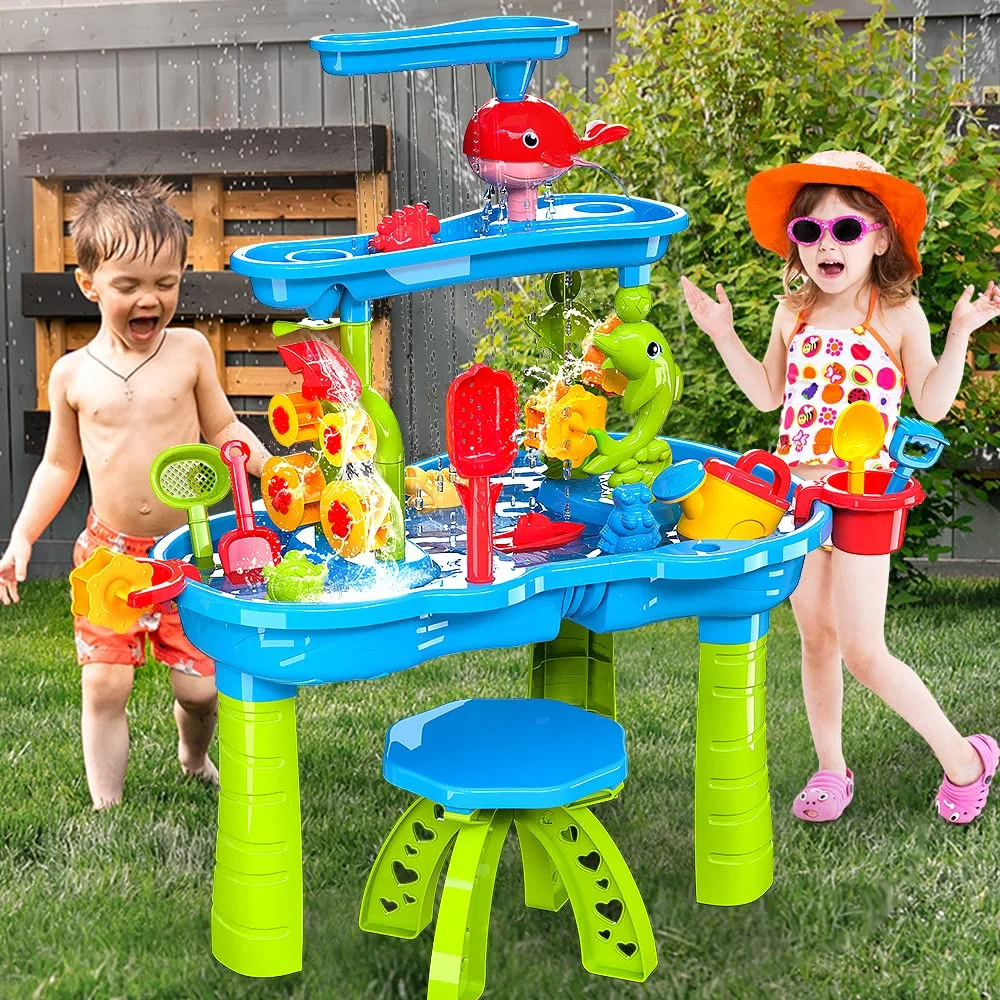 VATOS 3-Tier Sand Water Table for Toddlers Kids, 40 Pcs Outdoor Sand and Water Play Table Toys for Kids  Activity Sensory Table Summer Beach Outside Toys for Toddlers Age 3-5 Boys Girls