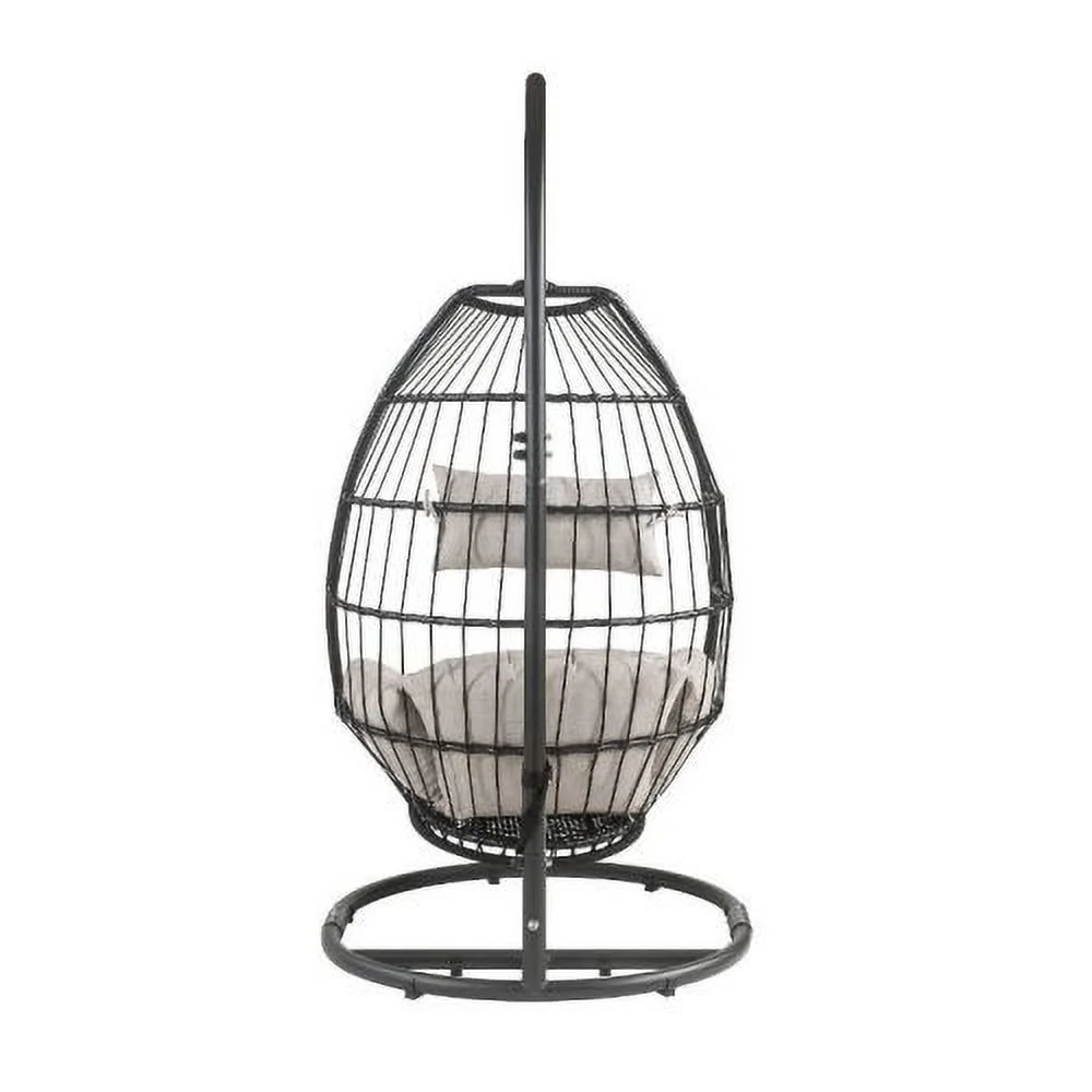 Goldmeet ACME Oldi Patio Hanging Chair with Stand, Beige Fabric & Black Wicker 45115