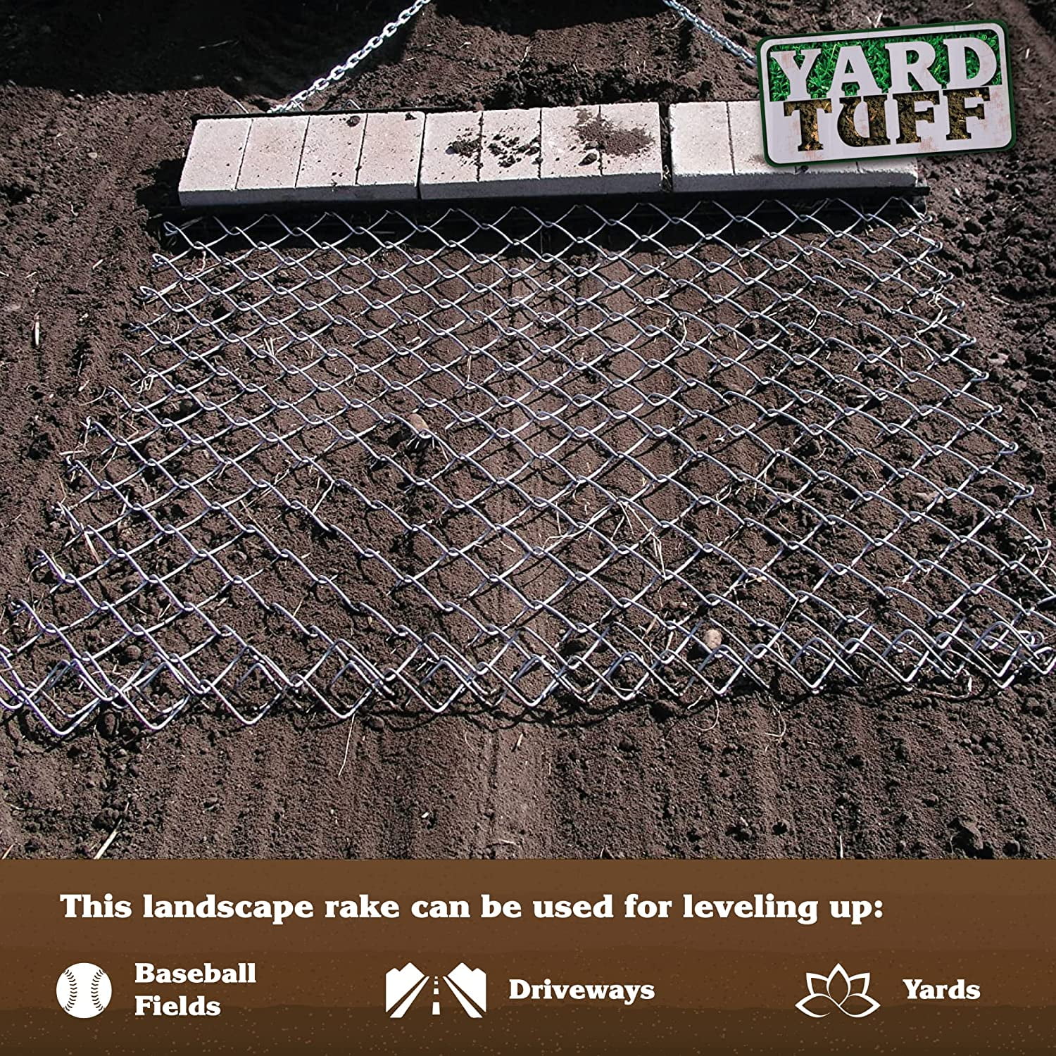 Yard Tuff 5 x 4 Foot Towable Steel Durable Rust Resistant Chain Rake Field Leveling ATV Drag Harrow with Galvanized Mesh Lining and Front Weight Tray