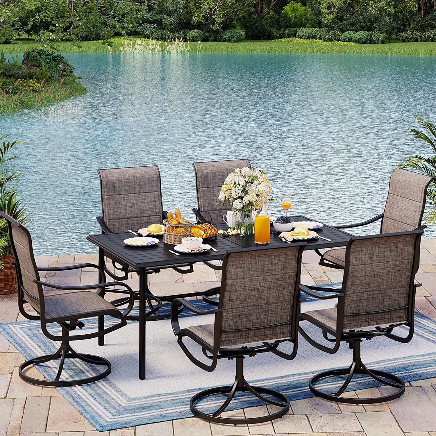 Outdoor Dining Set 7 Piece Outdoor Furniture Set  6 Swivel Dining Chairs and Rectangular Metal Dining Table for Lawn  Garden  Yards  Poolside