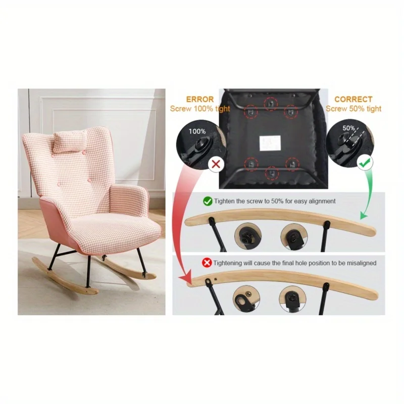 35.5 inch Rocking Chair, Soft Houndstooth Fabric Leather Fabric Rocking Chair for Nursery, Comfy Wingback Glider Rocker with Safe Solid Wood Base for Living Room Bedroom Balcony (Pink)