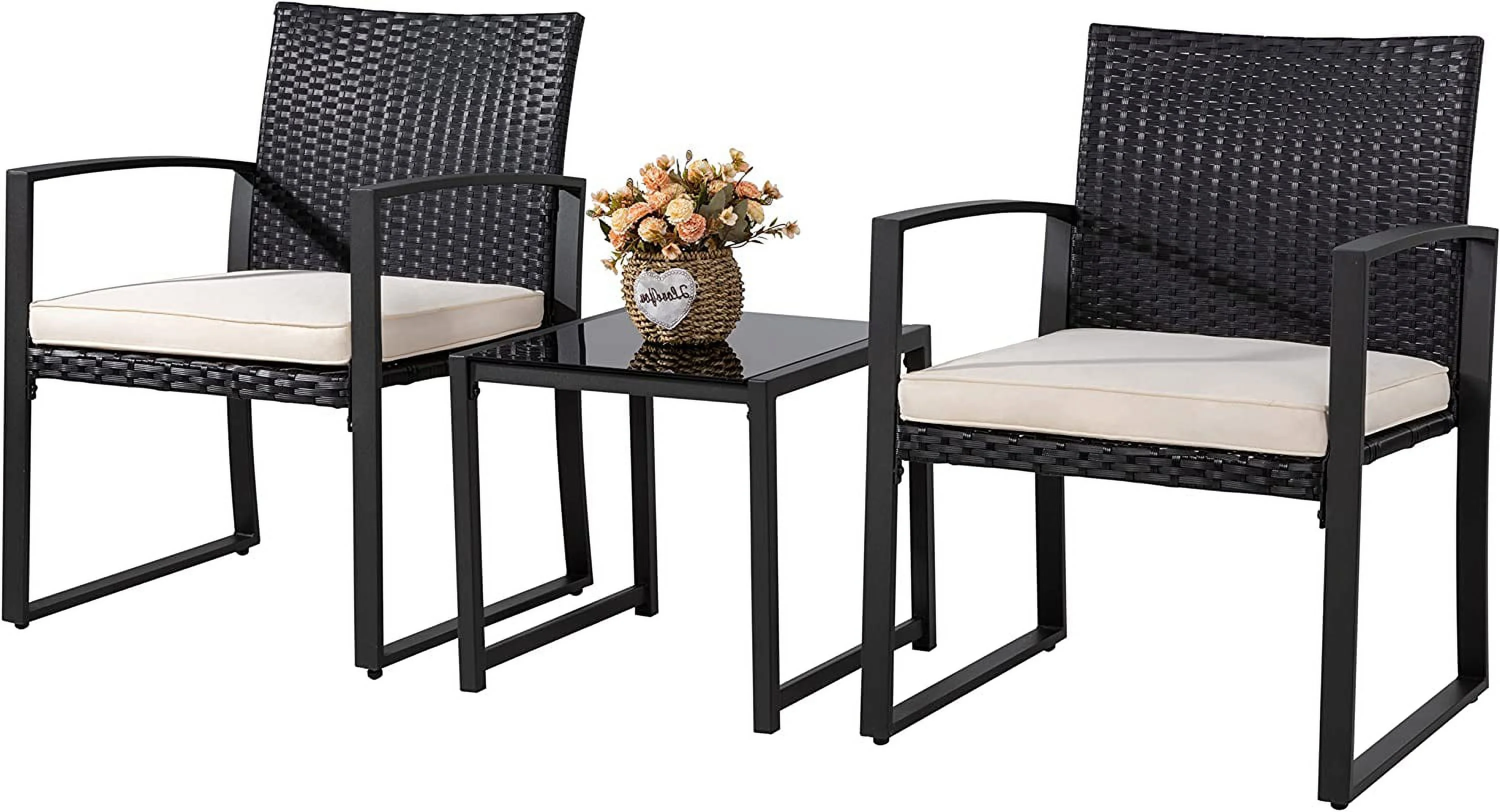 CLKHGFAR 3 Pieces Outdoor Patio  Set  Modern Wicker   Conversation Rattan Chair of 2 with Coffee  for Yard Porch Poolside Lawn(Beige Cushion)