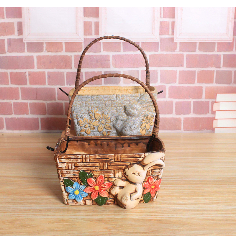 LivNxt Hand-Painted Korean Style Ceramic Succulent Planter, Creative Handheld Basket Succulent Pot, Succulent Flower Pot