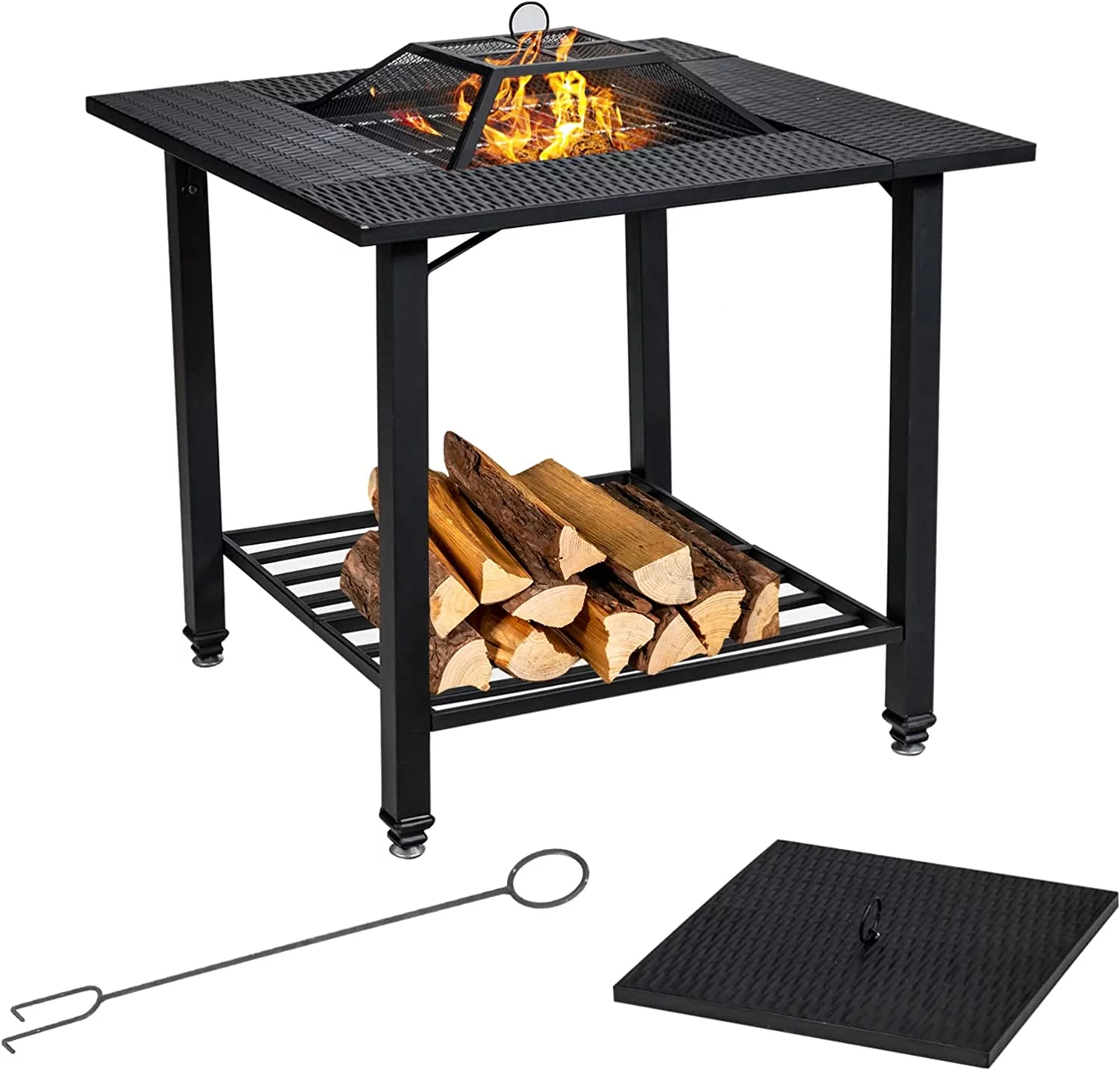 Elegant 4 in 1 Outdoor Fire Pit, Heavy Duty Metal Square Wood Burning Fire Pit with Spark Screen Cover, Removable Lid, Cooking Grate, Log Grate and Fire Poker, BBQ Garden Fireplace for Heating
