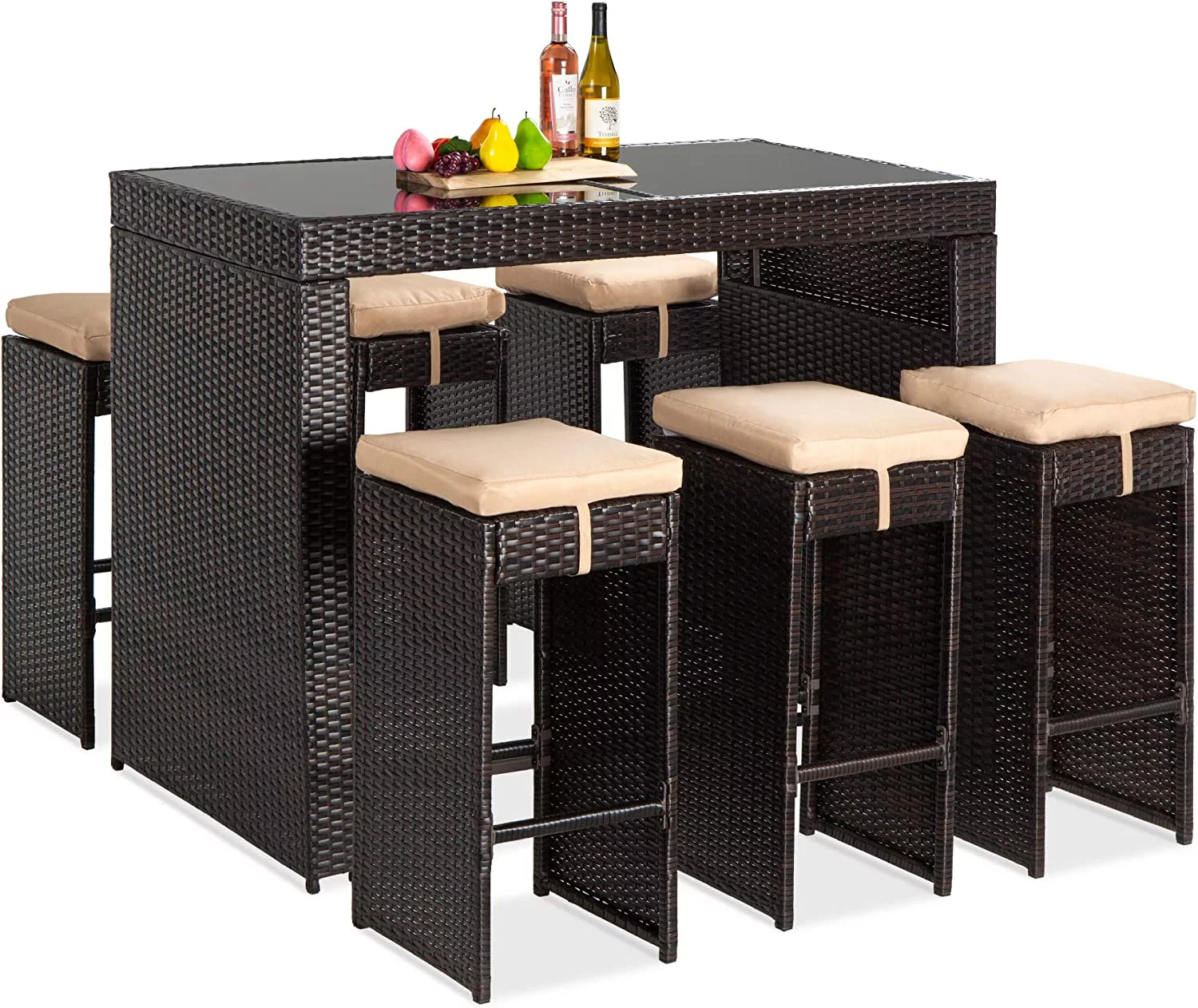 7-Piece Outdoor Wicker Bar Dining Set, Rattan Patio Furniture for Backyard, Garden w/Glass Table Top, 6 Stools, Removable Cushions - Brown/Beige