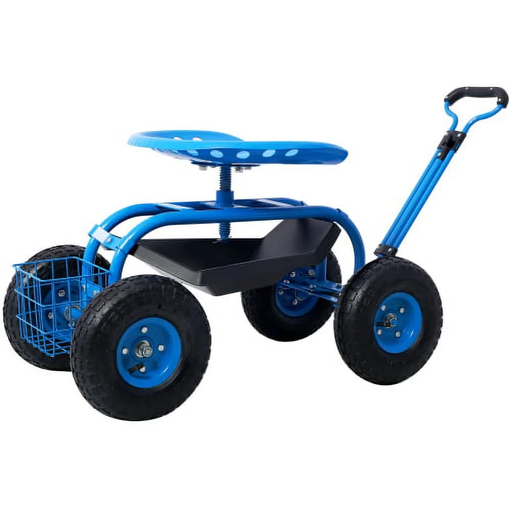 ACETEK 360 Swivel Seat,Rolling Garden Scooter Garden Cart Seat with Wheels and Tool Tray,Blue