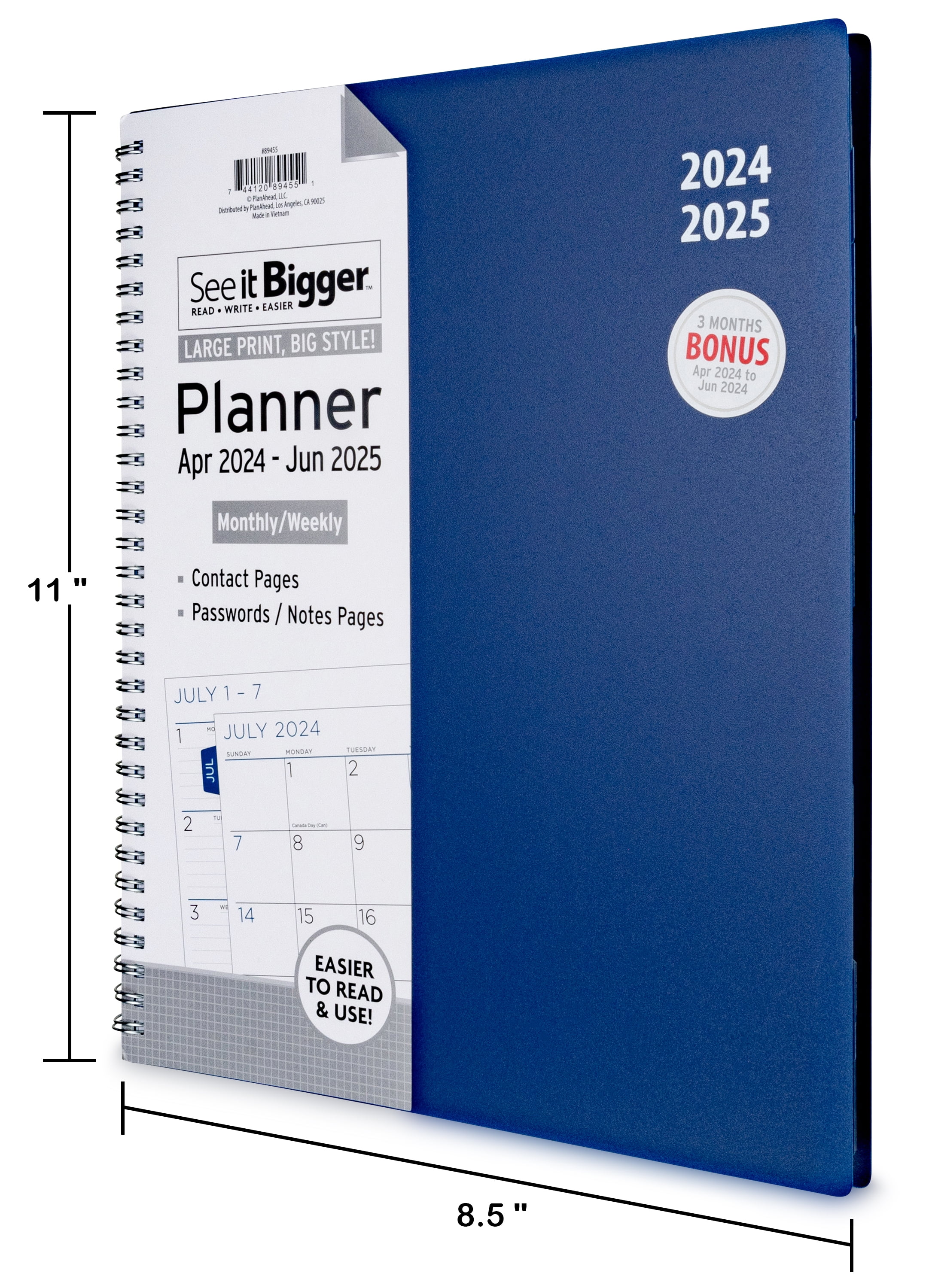 See it Bigger April 2024 - June 2025 Monthly Weekly Dated Planner (9.25”x 11.25”)