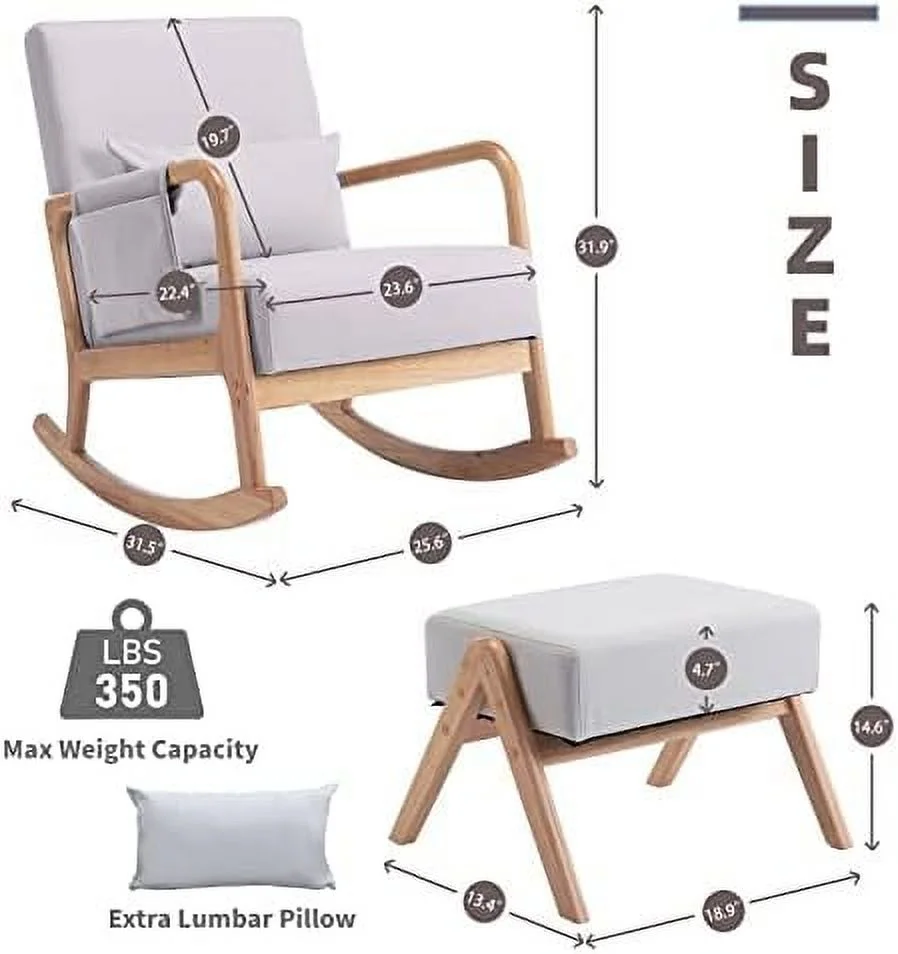 DIKTESSE Nursery Rocking Chairs with Ottoman，Rocker Chair Glider Chair for Nursery，Modern Mid Century Living Room Chair Nursing Comfy Chairs for Mom Seniors  Light Gray