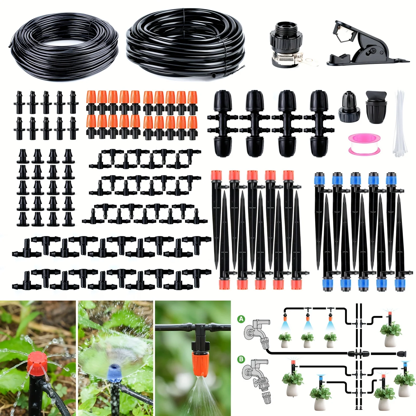 Drip Irrigation System Kit, 226FT Automatic Micro Irrigation Kit Patio Misting Plant Watering System with 1/2 inch 1/4 inch Drip Irrigation Tubing, Adjustable Nozzle Emitters for Garden Greenhouse